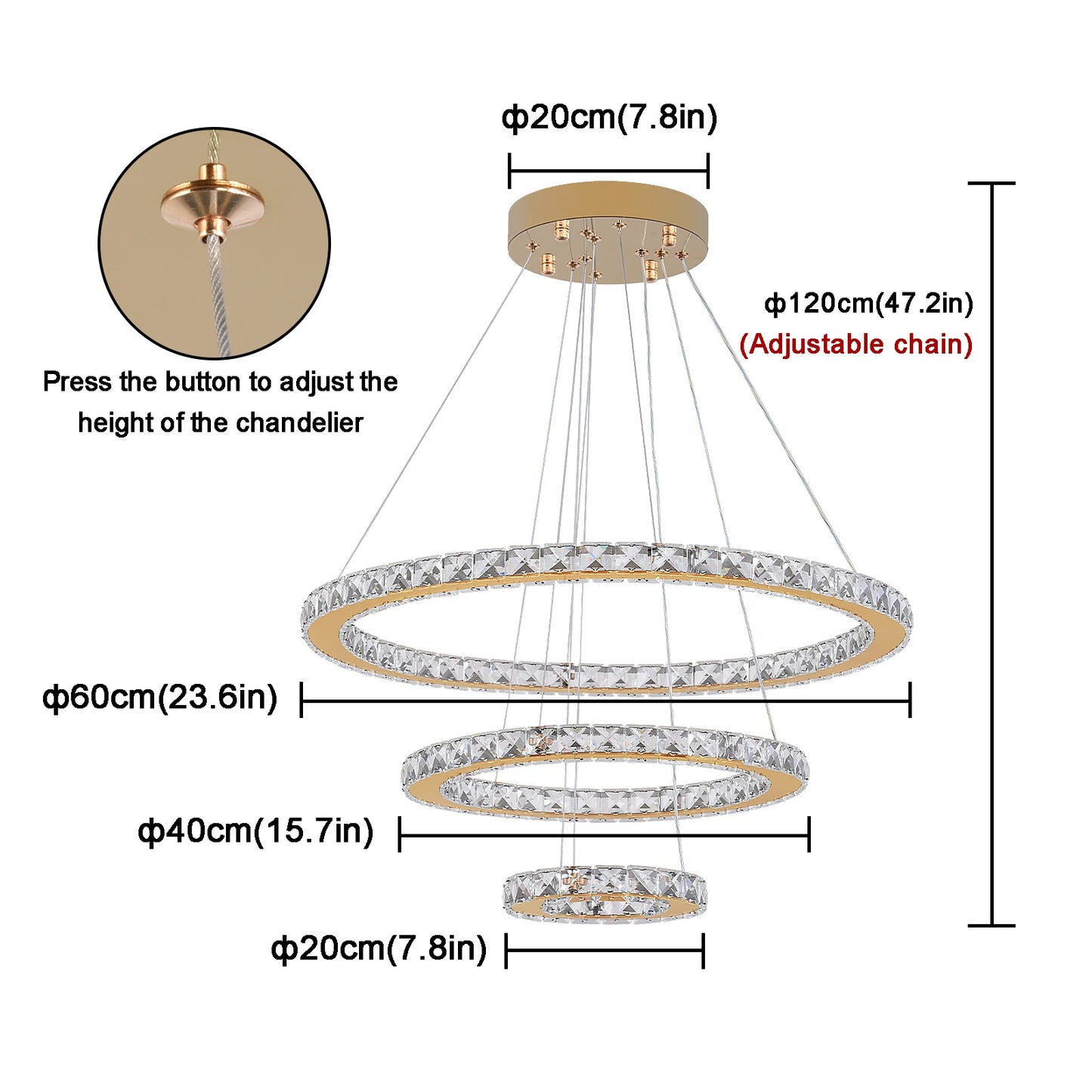 Crystal Ceiling Chandelier 3 Rings Hanging Chandelier in the Living Room Home Decoration Luxury Kitchen Light Led Lighting