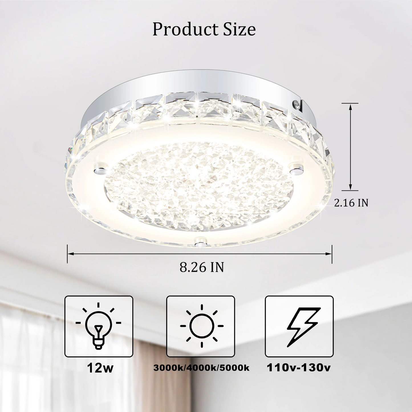 Crystal Ceiling Light Fixture 3000/4000/5000K Flush Mount Crystal Chandelier Kitchen Light Fixture for Bedroom, Bathroom ,Closet
