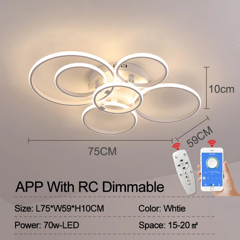 Modern Led Chandelier Lamp RC Dimmable APP Circle Rings for Living Room Bedroom Black/White Ceiling Chandelier Light Fixtures