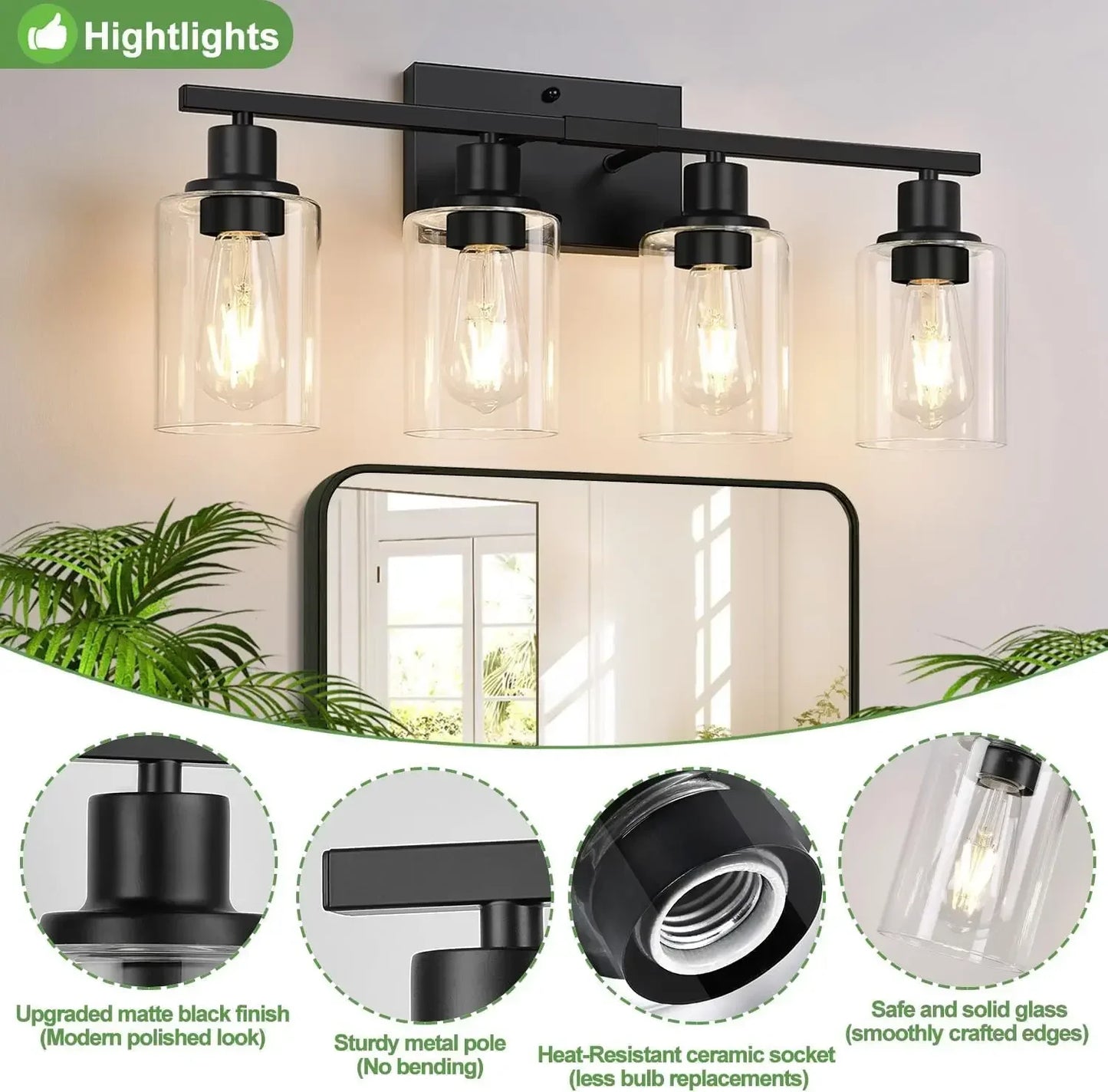 4-Light Bathroom Light Fixtures, Matte Black Modern Vanity Lights with Clear Glass Shades, Bathroom Wall Lamp for Mirror Living