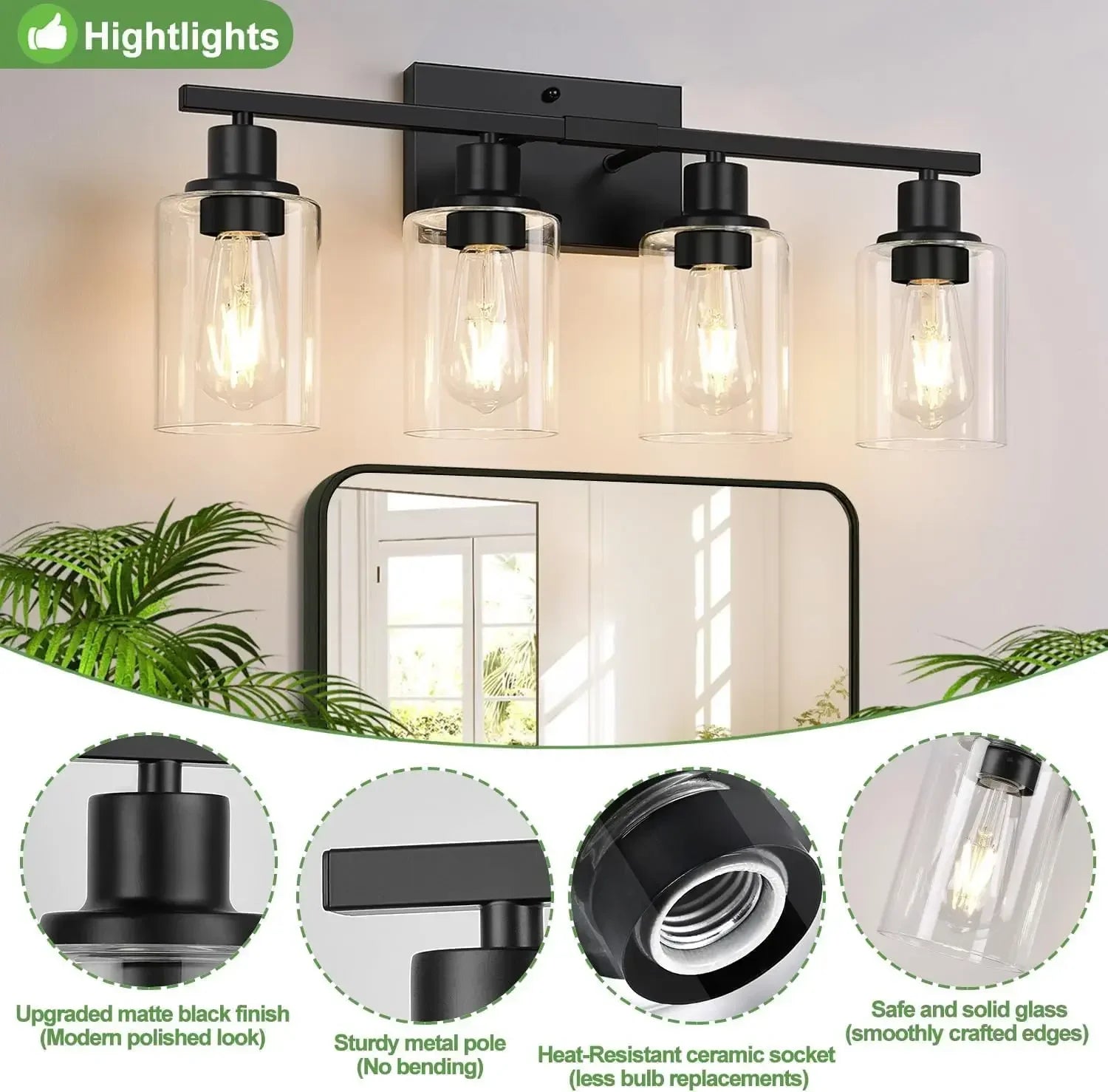 4-Light Bathroom Light Fixtures, Matte Black Modern Vanity Lights with Clear Glass Shades, Bathroom Wall Lamp for Mirror Living
