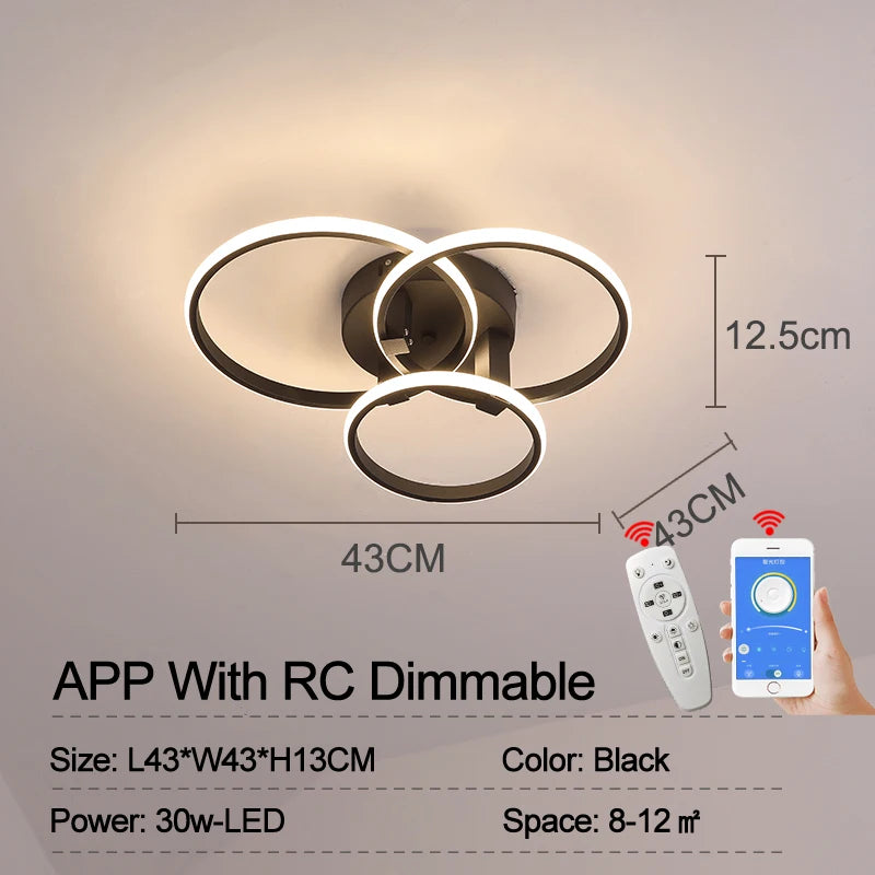 Modern Led Chandelier Lamp RC Dimmable APP Circle Rings for Living Room Bedroom Black/White Ceiling Chandelier Light Fixtures