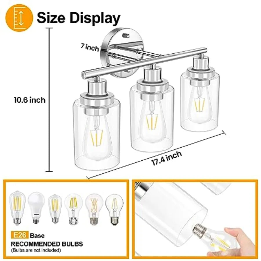 Bathroom Light Fixtures Vanity Light Silver 3 Light Modern Wall Sconces Lighting Bathroom Lights with Clear Glass Shades Bath W