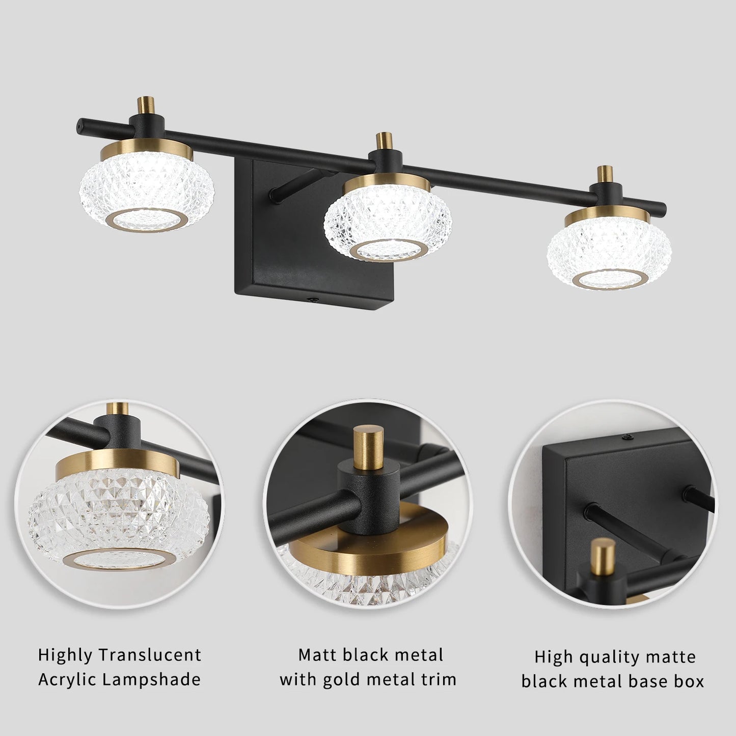 19In 3-Light Black and Gold LED Dimmable Vanity Light Bathroom Wall Light Fixture over Mirror with Clear Acrylic Shade