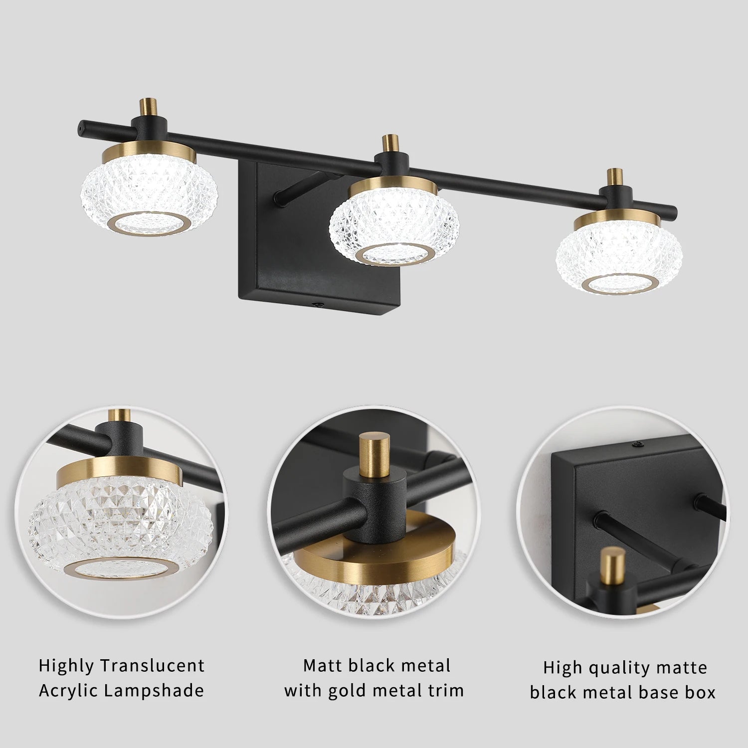 19In 3-Light Black and Gold LED Dimmable Vanity Light Bathroom Wall Light Fixture over Mirror with Clear Acrylic Shade