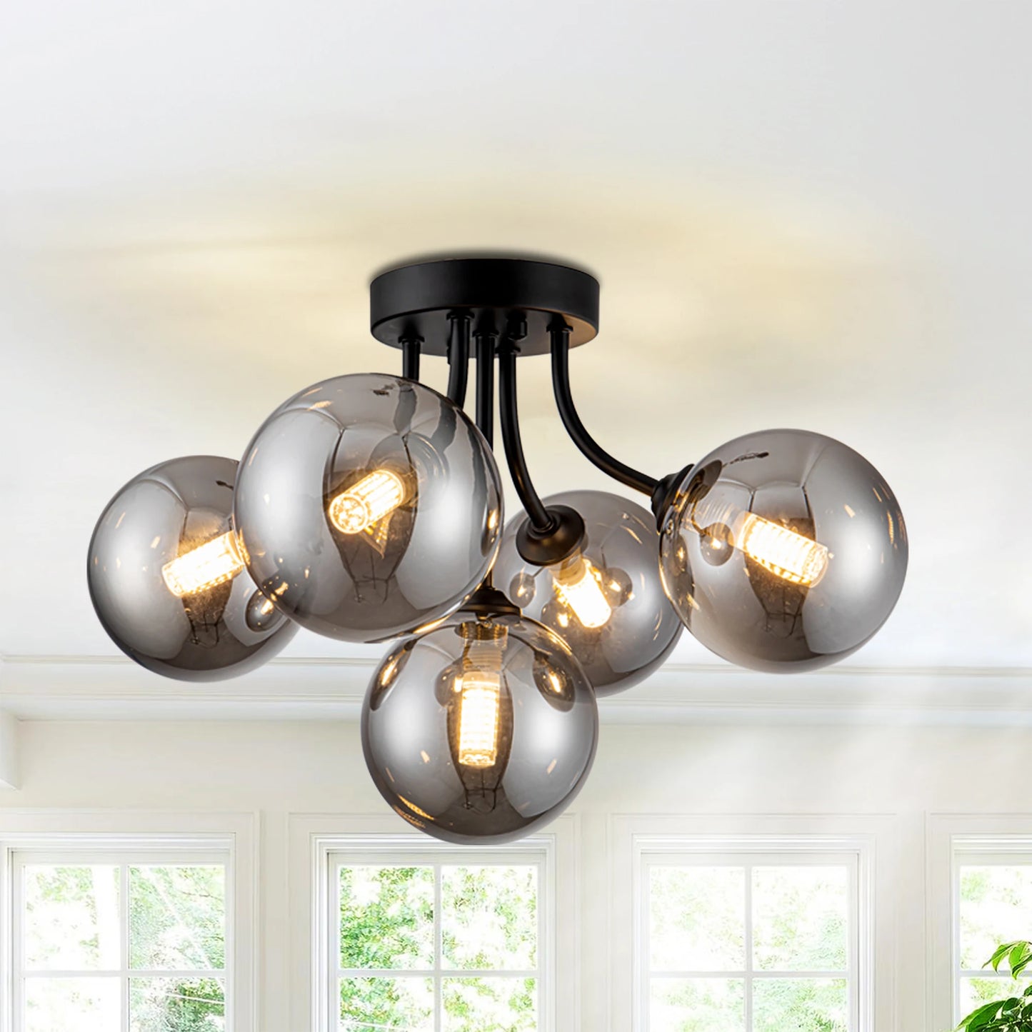 Sputnik Light Fixtures 5-Light Ceiling Light Semi Flush Mount Lighting Black/Gold Light Fixtures Ceiling Mount