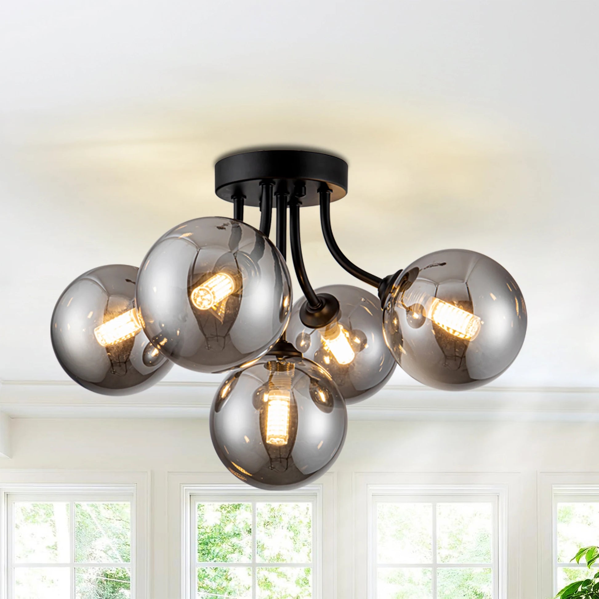 Sputnik Light Fixtures 5-Light Ceiling Light Semi Flush Mount Lighting Black/Gold Light Fixtures Ceiling Mount