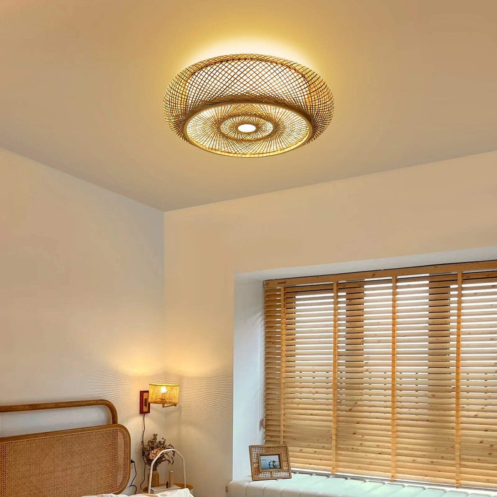 20" Vintage Bamboo Ceiling Lighting Fixtures Wicker Rattan Flush Mount Ceiling Light Bamboo Woven Ceiling Lights Basket Lantern