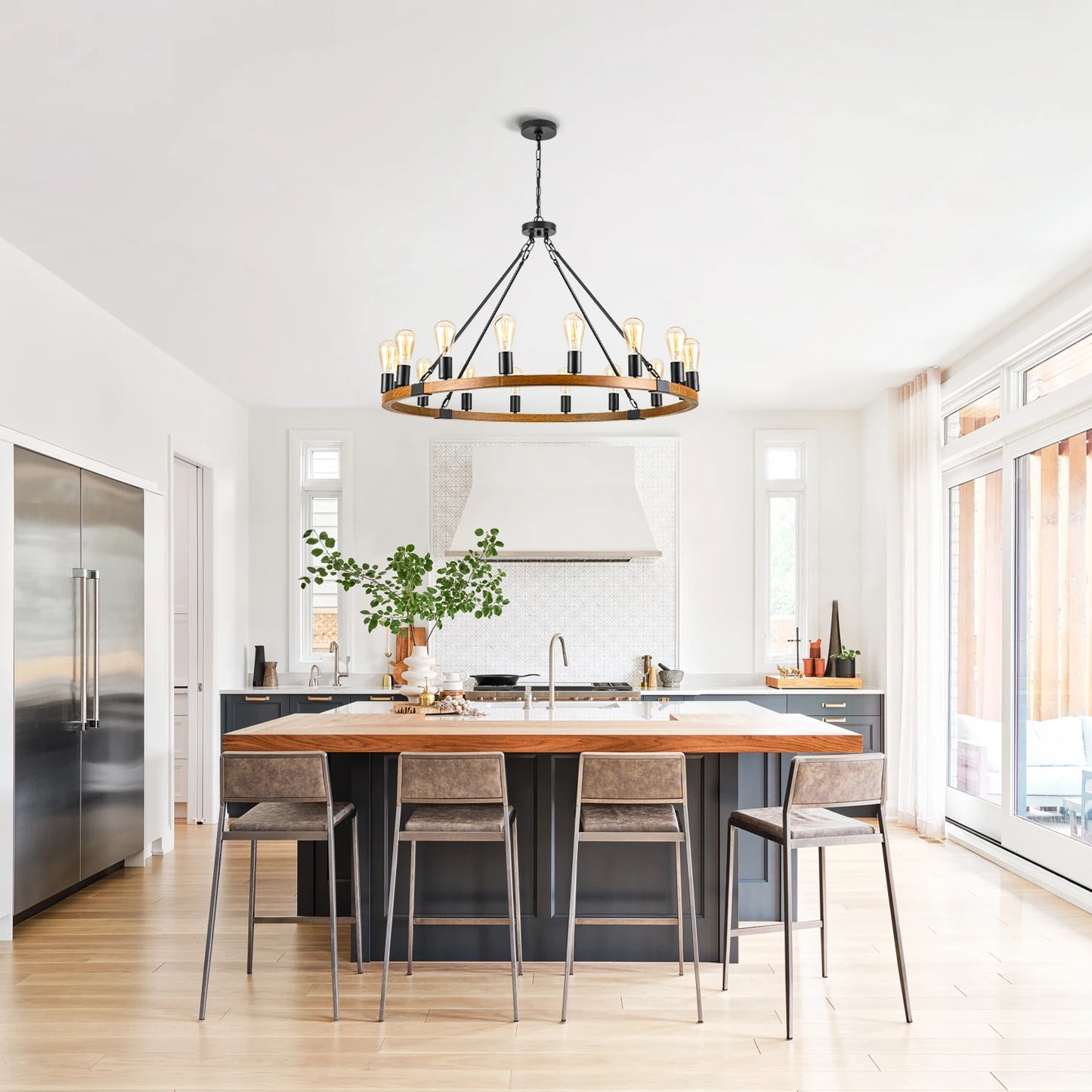 Wood Wagon Wheel Chandelier Farmhouse 16-Light 40’’ Brown, Black Metal Pendant Chandeliers Wooden Vintage Rustic Light Fixtures
