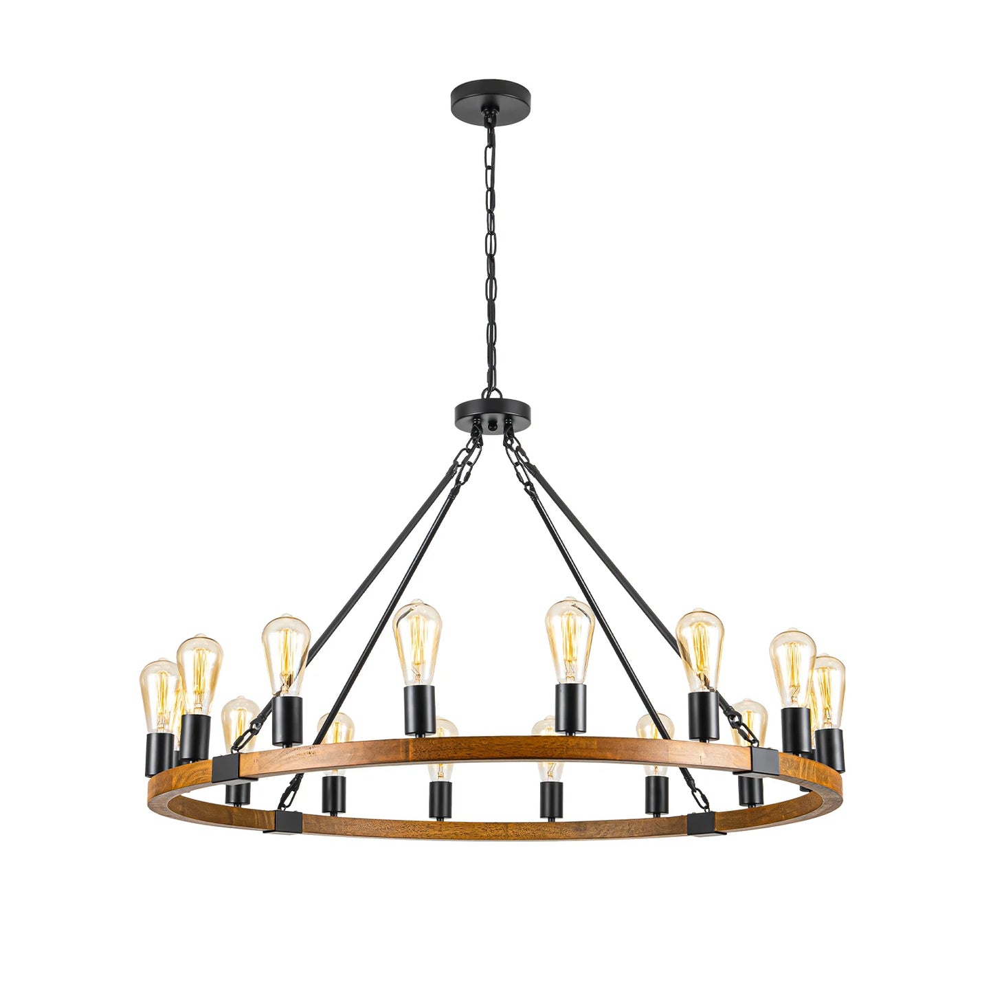 Wood Wagon Wheel Chandelier Farmhouse 16-Light 40’’ Brown, Black Metal Pendant Chandeliers Wooden Vintage Rustic Light Fixtures