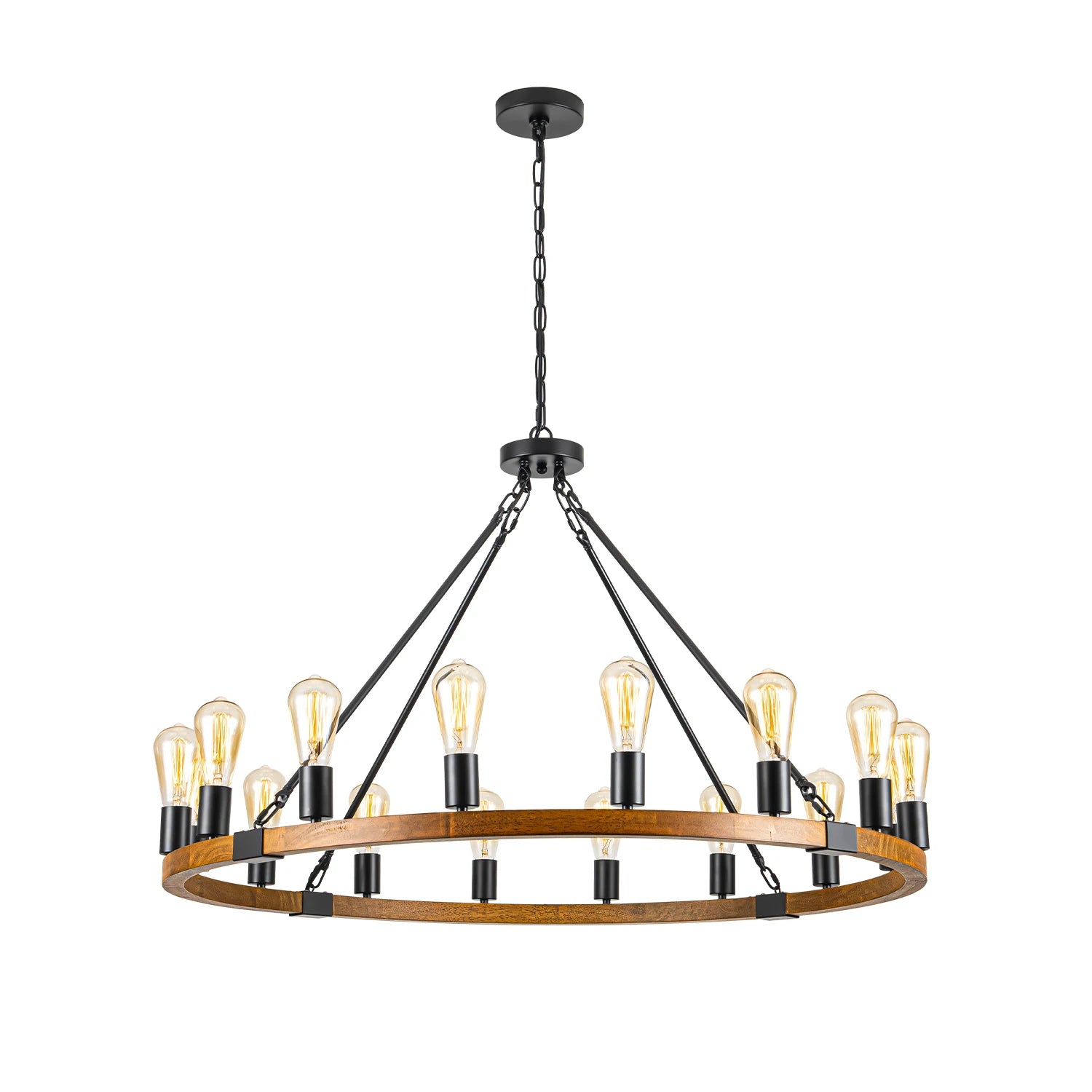 Wood Wagon Wheel Chandelier Farmhouse 16-Light 40’’ Brown, Black Metal Pendant Chandeliers Wooden Vintage Rustic Light Fixtures
