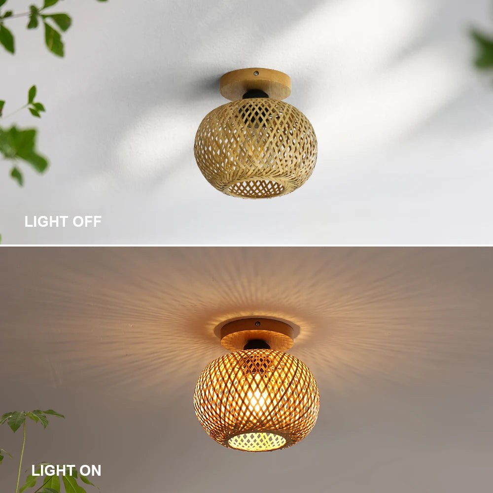 Retro Bamboo Woven Ceiling Light Aisle Restaurant Living Room Dining Room E27 Woven Lamps Home Decorative Fixtures Ceiling Lamp