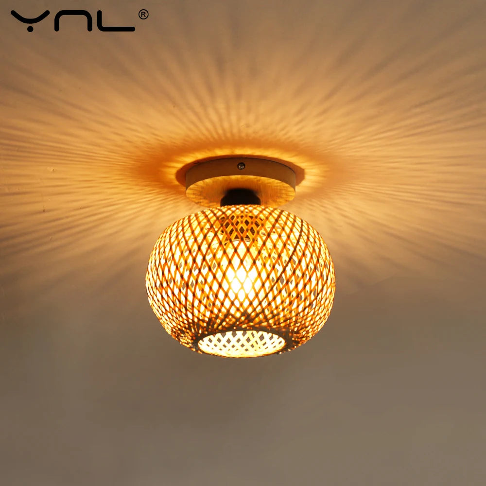 Retro Bamboo Woven Ceiling Light Aisle Restaurant Living Room Dining Room E27 Woven Lamps Home Decorative Fixtures Ceiling Lamp