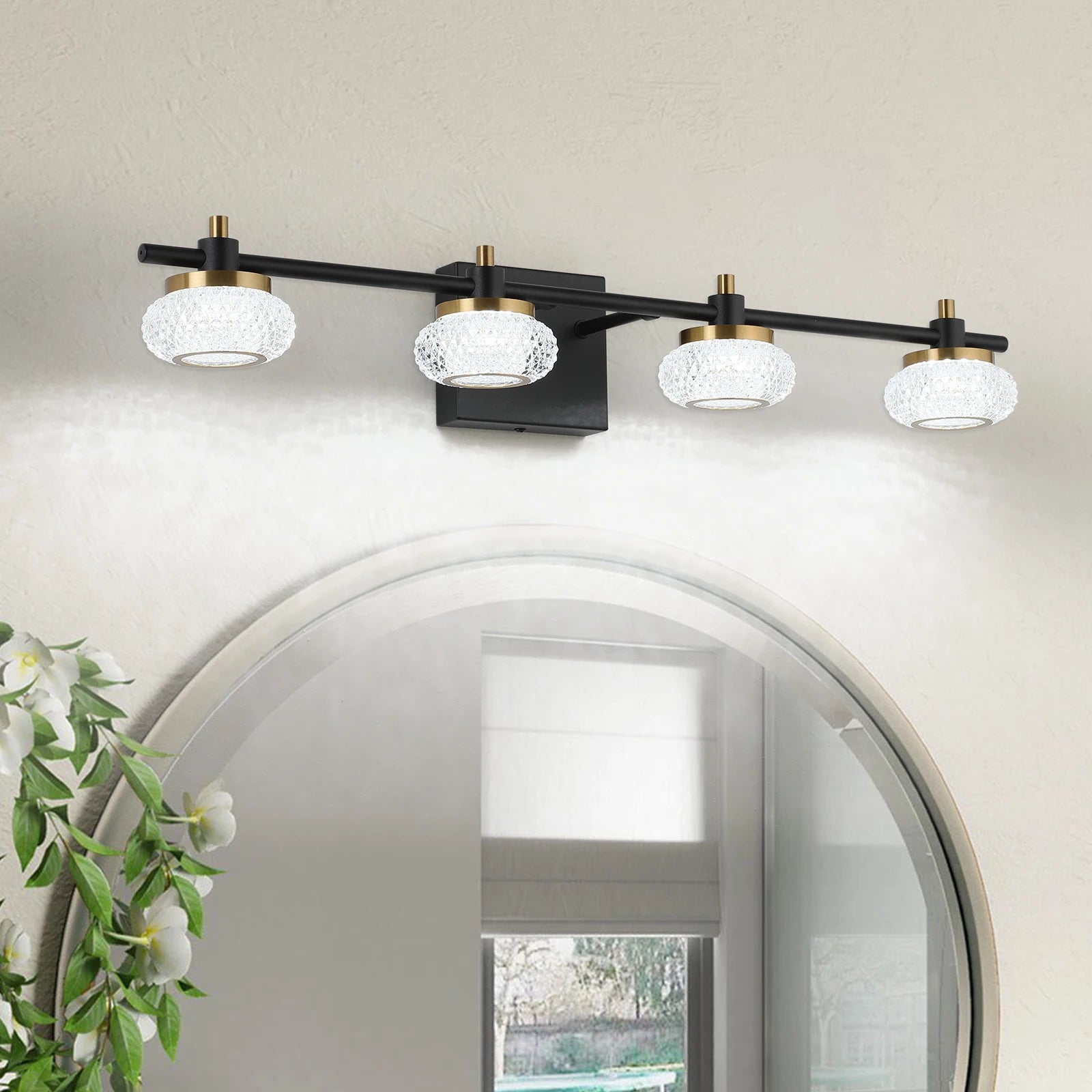 19In 3-Light Black and Gold LED Dimmable Vanity Light Bathroom Wall Light Fixture over Mirror with Clear Acrylic Shade
