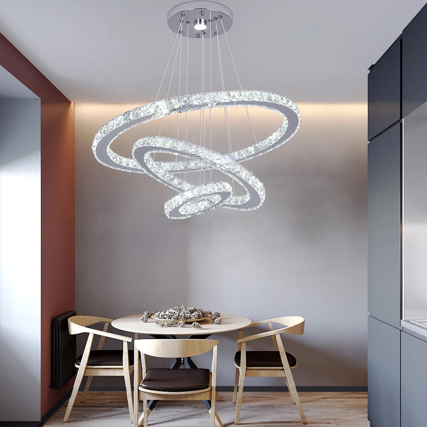 Crystal Ceiling Chandelier 3 Rings Hanging Chandelier in the Living Room Home Decoration Luxury Kitchen Light Led Lighting
