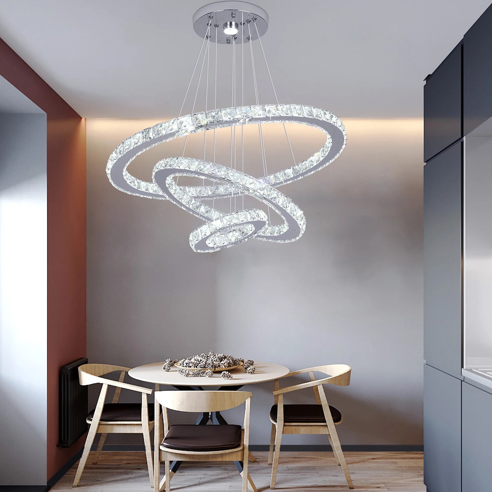 Crystal Ceiling Chandelier 3 Rings Hanging Chandelier in the Living Room Home Decoration Luxury Kitchen Light Led Lighting