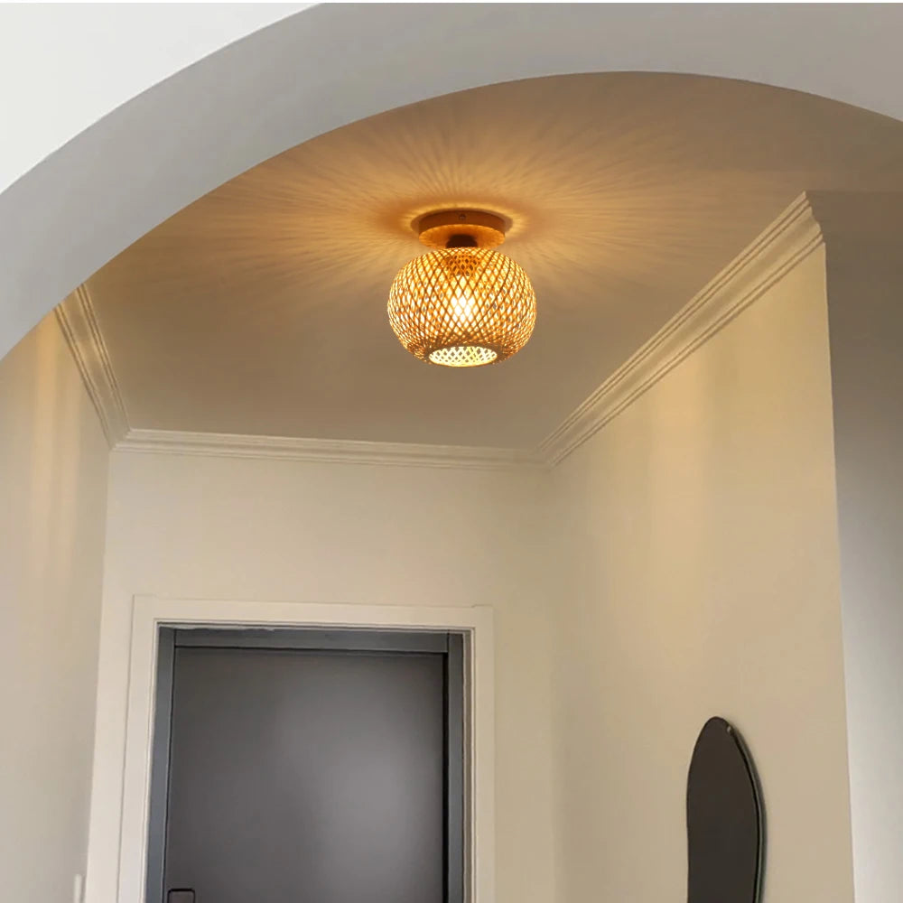 Retro Bamboo Woven Ceiling Light Aisle Restaurant Living Room Dining Room E27 Woven Lamps Home Decorative Fixtures Ceiling Lamp