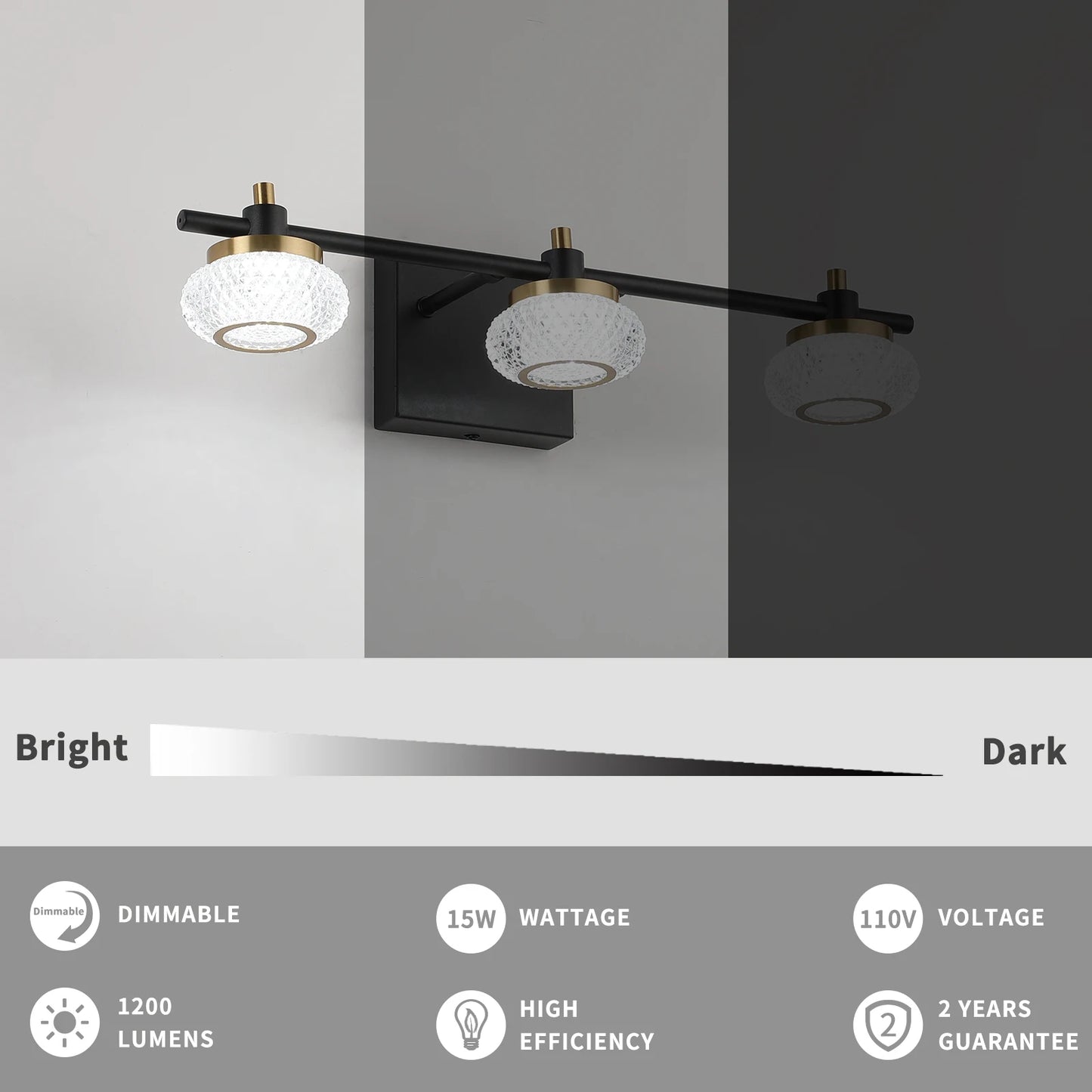 19In 3-Light Black and Gold LED Dimmable Vanity Light Bathroom Wall Light Fixture over Mirror with Clear Acrylic Shade