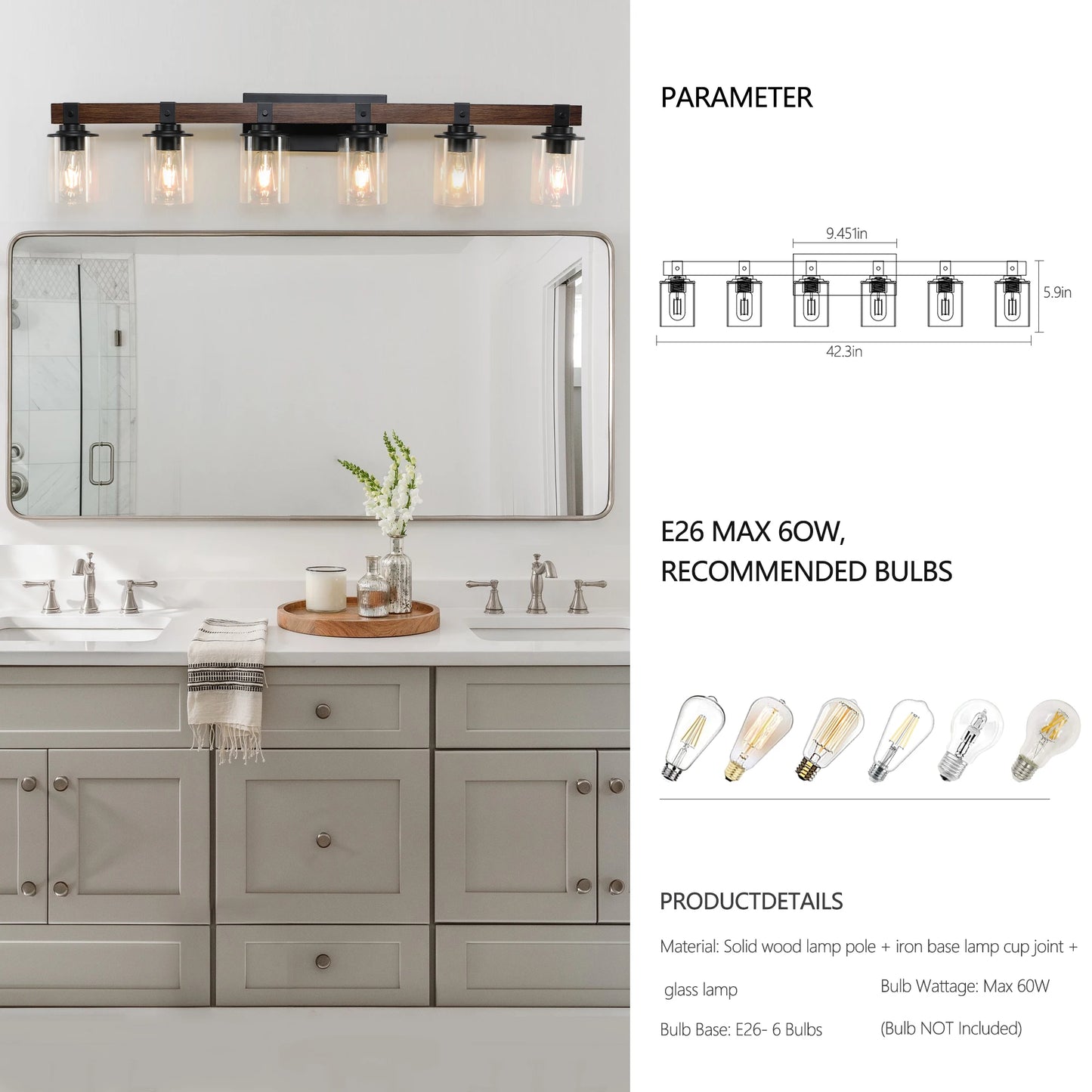 6-Lights Farmhouse Vanity Lights Fixture Rustic Bathroom Light Fixture Bathroom Sconce(Without Bulbs)