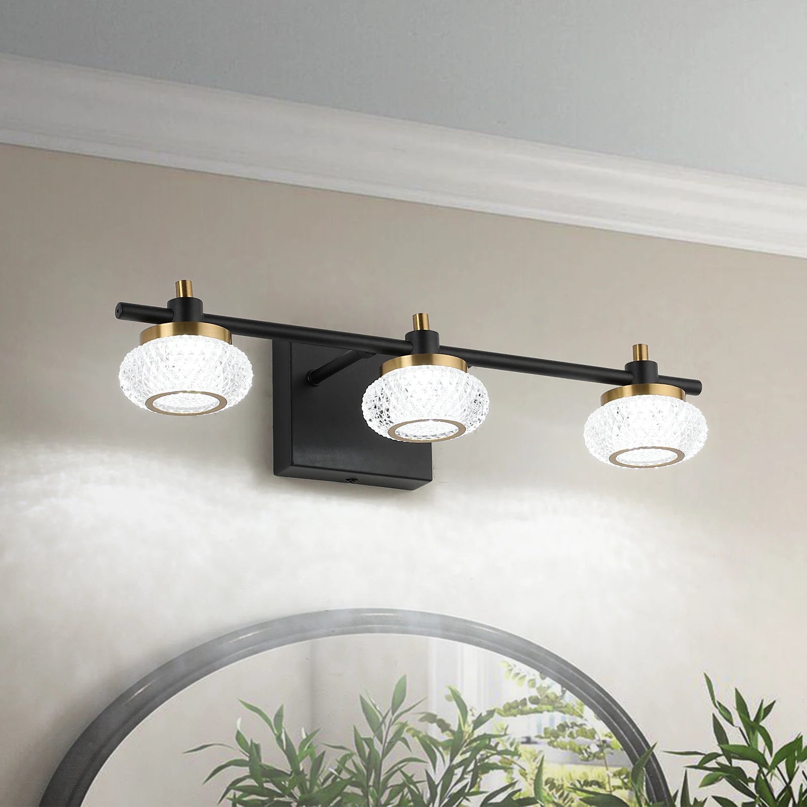 19In 3-Light Black and Gold LED Dimmable Vanity Light Bathroom Wall Light Fixture over Mirror with Clear Acrylic Shade