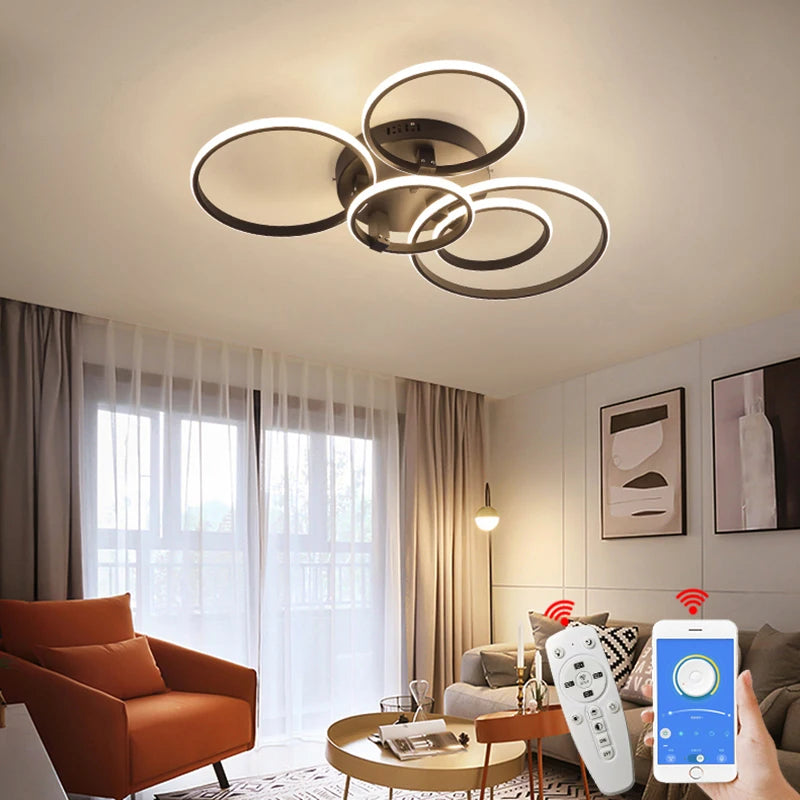 Modern Led Chandelier Lamp RC Dimmable APP Circle Rings for Living Room Bedroom Black/White Ceiling Chandelier Light Fixtures