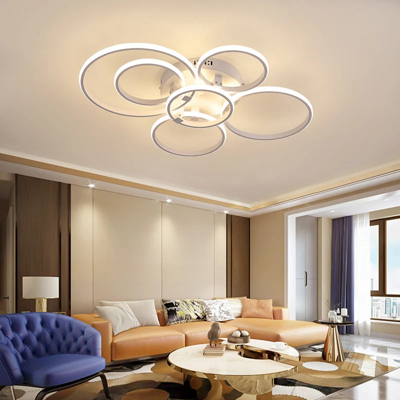 Modern Led Chandelier Lamp RC Dimmable APP Circle Rings for Living Room Bedroom Black/White Ceiling Chandelier Light Fixtures