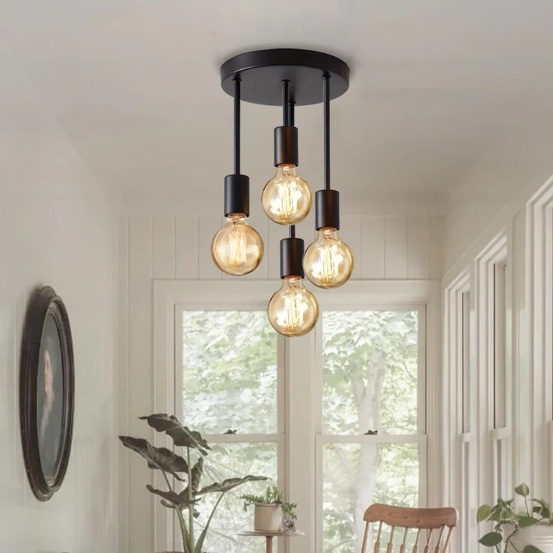 1Pc Black Modern 4 E27 Bulb Base Ceiling Light, Suitable for Bedroom, Kitchen, Hallway, Corridor Chandelier(Without Bulb)
