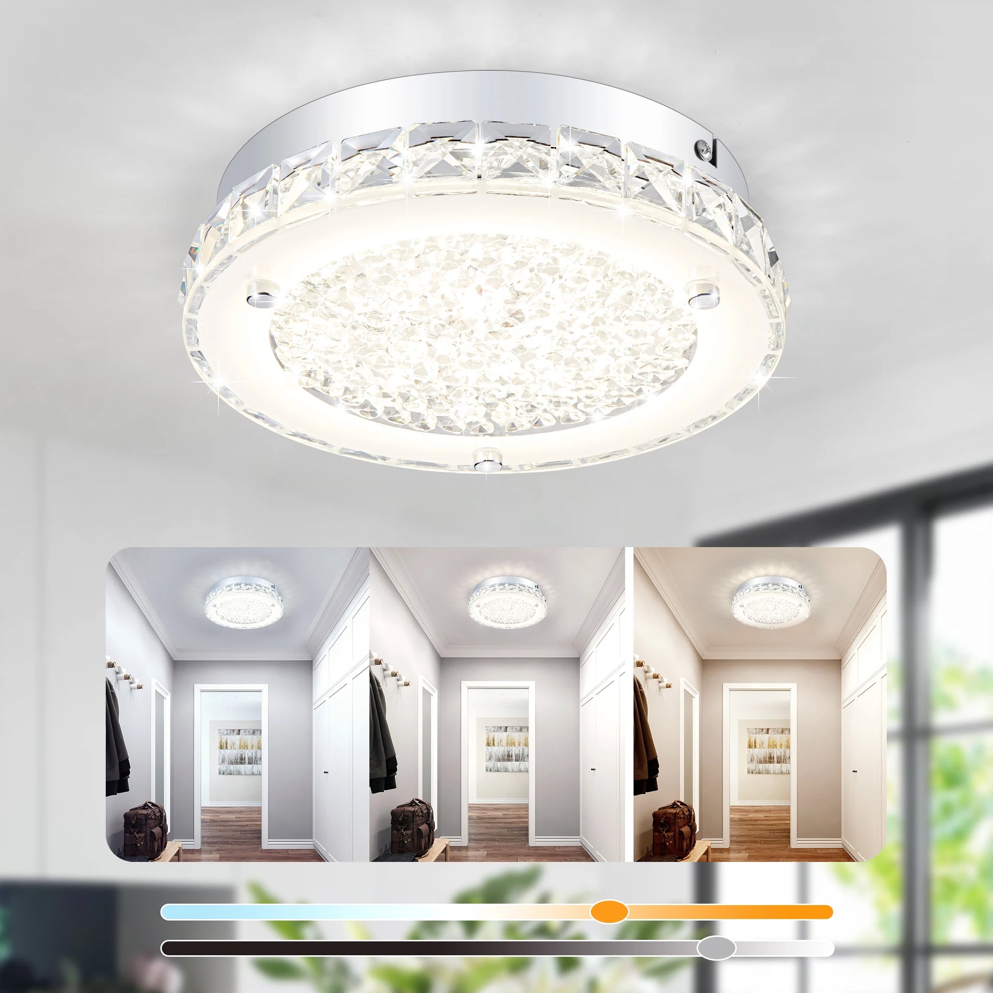 Crystal Ceiling Light Fixture 3000/4000/5000K Flush Mount Crystal Chandelier Kitchen Light Fixture for Bedroom, Bathroom ,Closet