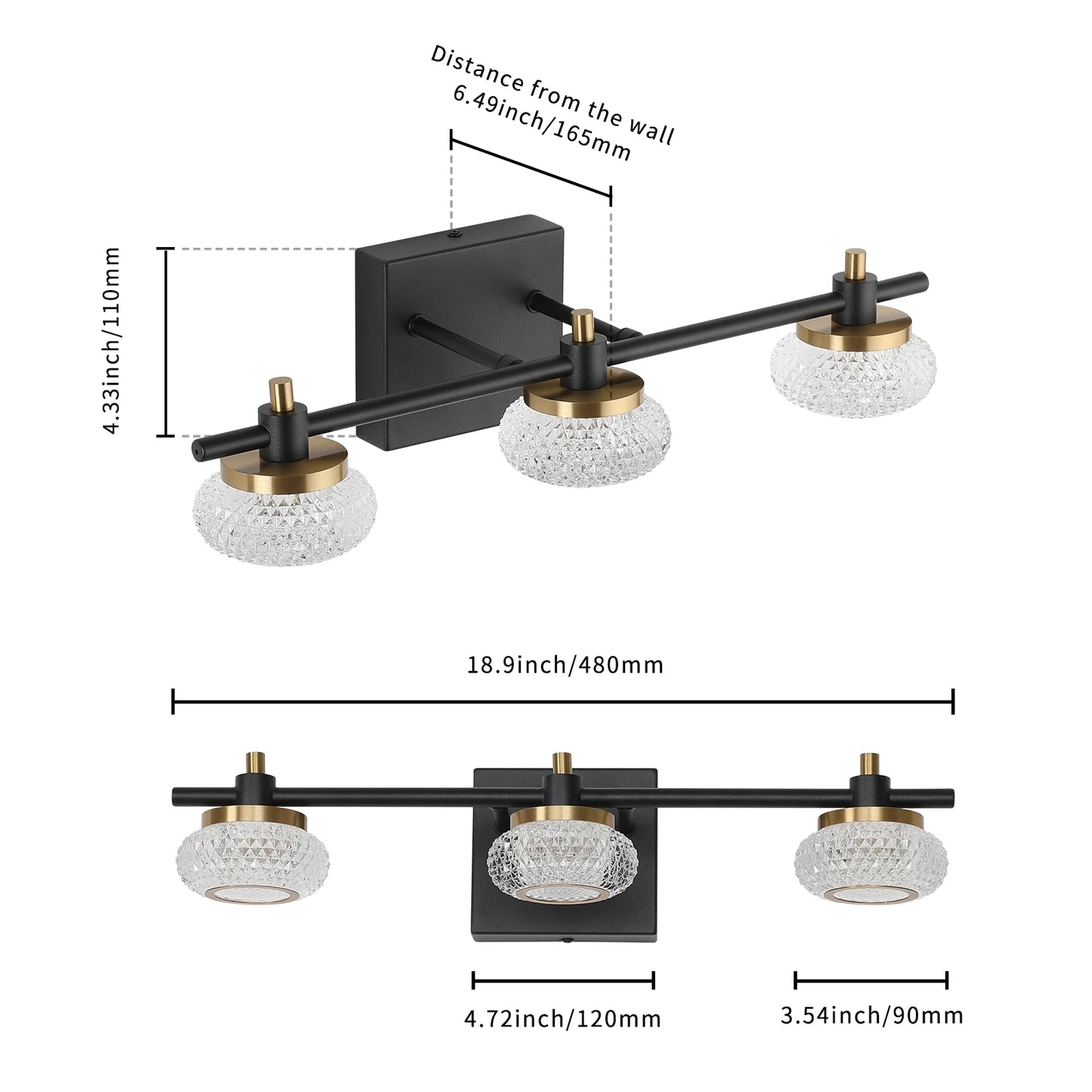 19In 3-Light Black and Gold LED Dimmable Vanity Light Bathroom Wall Light Fixture over Mirror with Clear Acrylic Shade