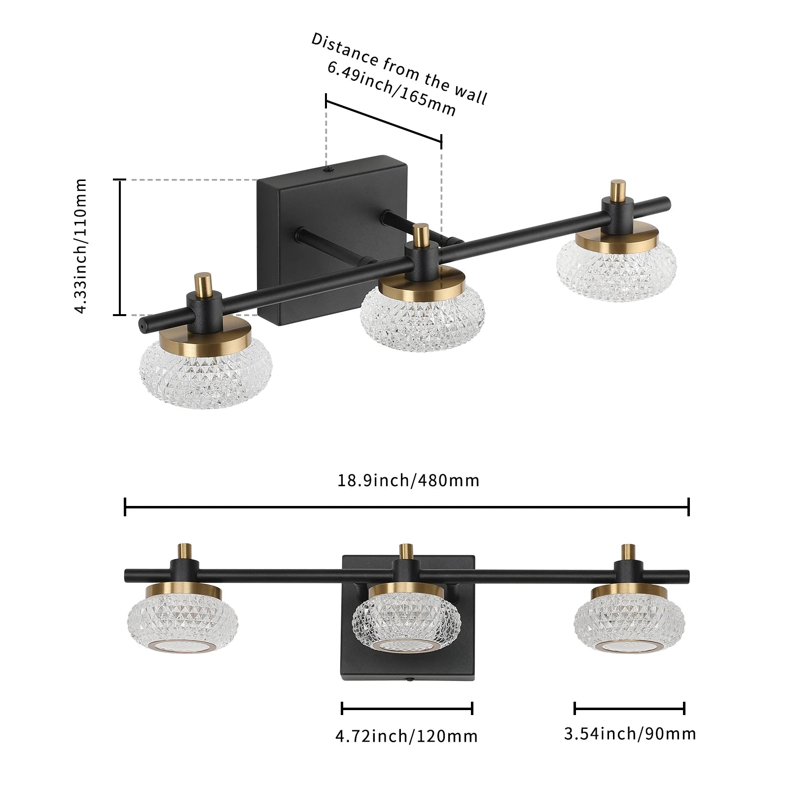 19In 3-Light Black and Gold LED Dimmable Vanity Light Bathroom Wall Light Fixture over Mirror with Clear Acrylic Shade