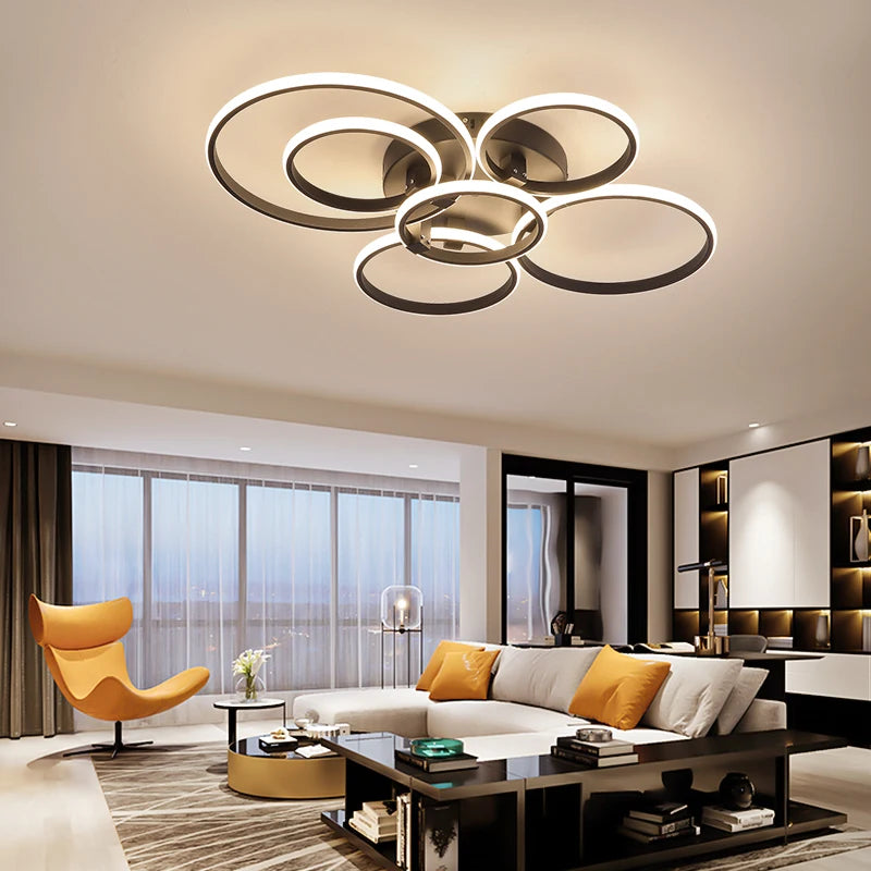 Modern Led Chandelier Lamp RC Dimmable APP Circle Rings for Living Room Bedroom Black/White Ceiling Chandelier Light Fixtures