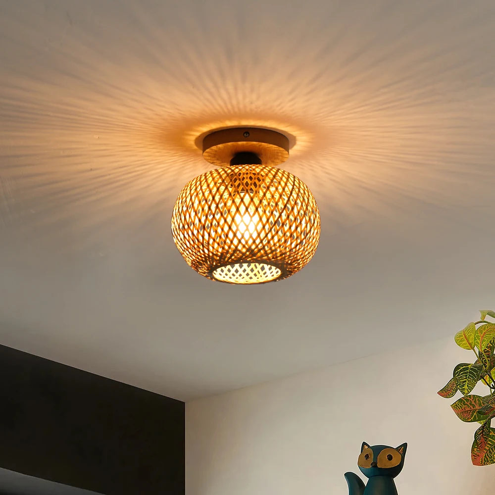 Retro Bamboo Woven Ceiling Light Aisle Restaurant Living Room Dining Room E27 Woven Lamps Home Decorative Fixtures Ceiling Lamp