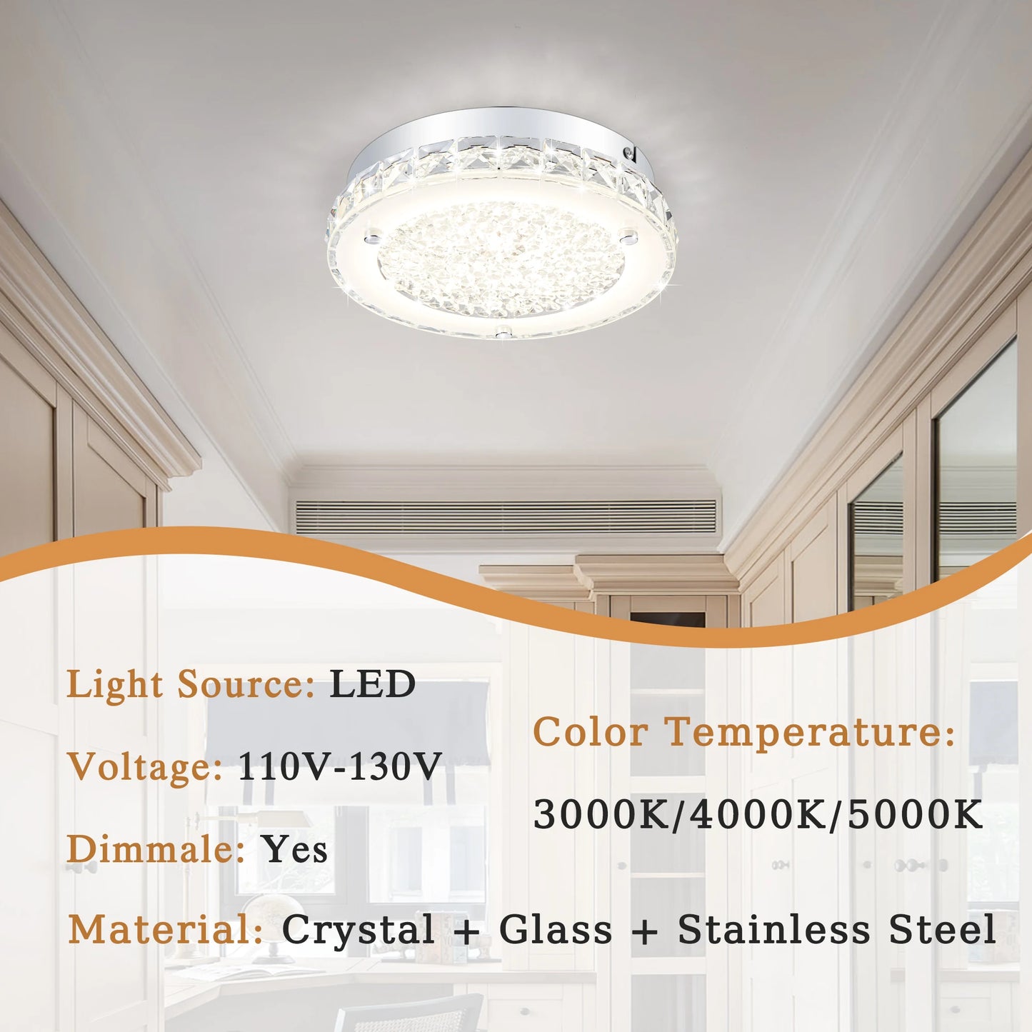 Crystal Ceiling Light Fixture 3000/4000/5000K Flush Mount Crystal Chandelier Kitchen Light Fixture for Bedroom, Bathroom ,Closet