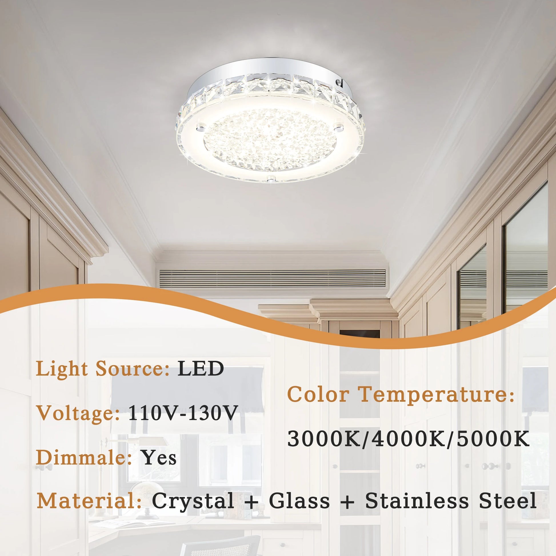 Crystal Ceiling Light Fixture 3000/4000/5000K Flush Mount Crystal Chandelier Kitchen Light Fixture for Bedroom, Bathroom ,Closet
