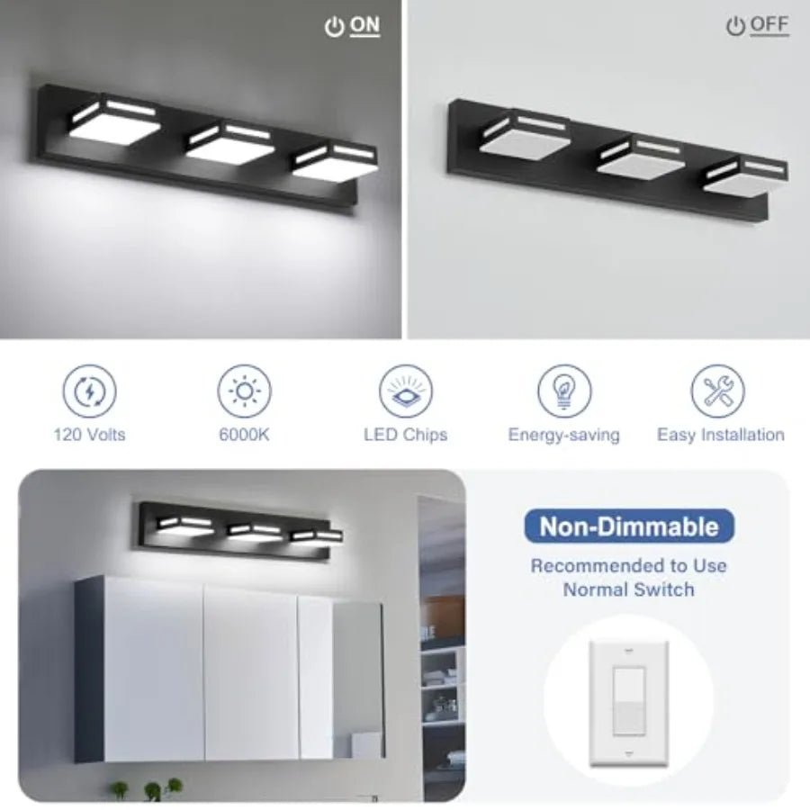 LED Modern Bathroom Light Fixtures 3-Light Matte Vanity Lights for Bathroom Lighting Fixtures over Mirror 6000K Cool White 350°