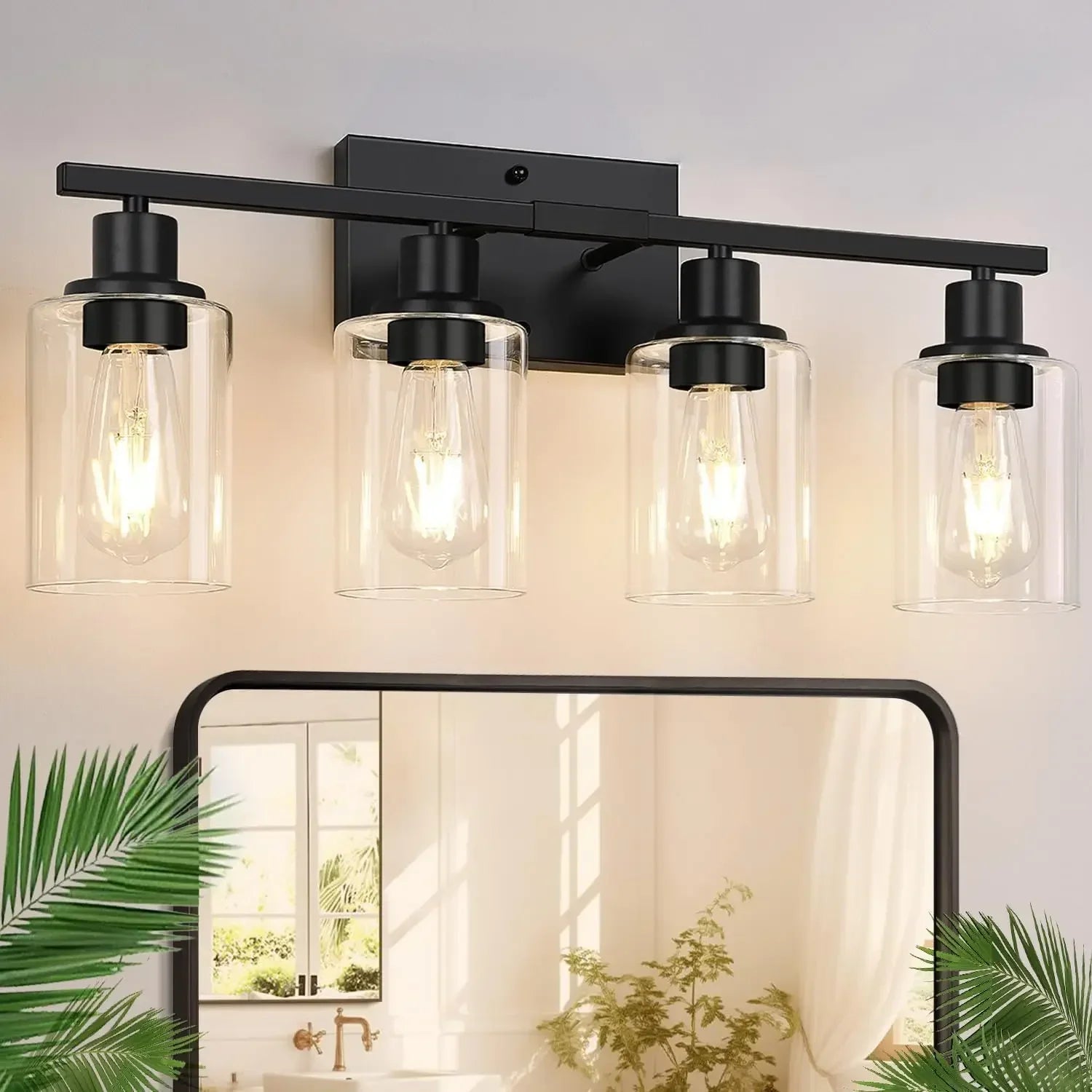 4-Light Bathroom Light Fixtures, Matte Black Modern Vanity Lights with Clear Glass Shades, Bathroom Wall Lamp for Mirror Living