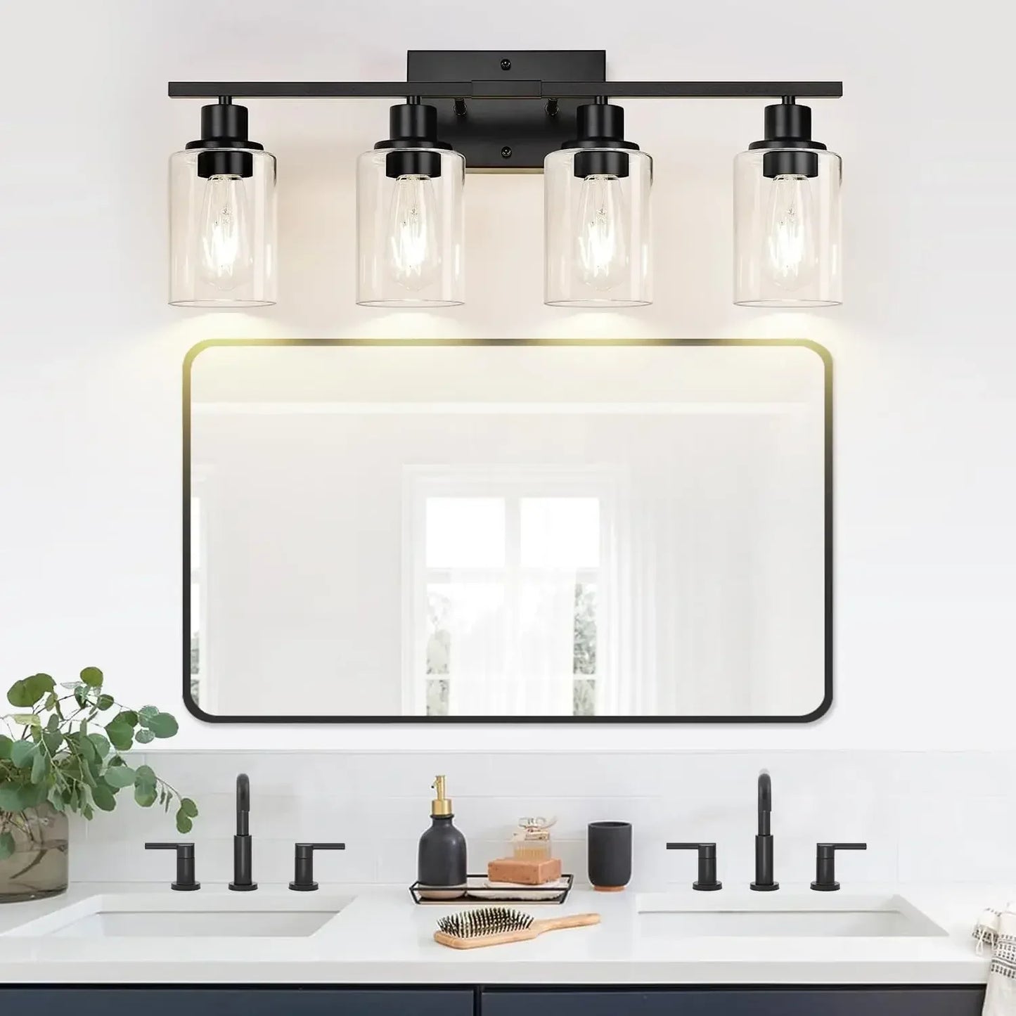 4-Light Bathroom Light Fixtures, Matte Black Modern Vanity Lights with Clear Glass Shades, Bathroom Wall Lamp for Mirror Living