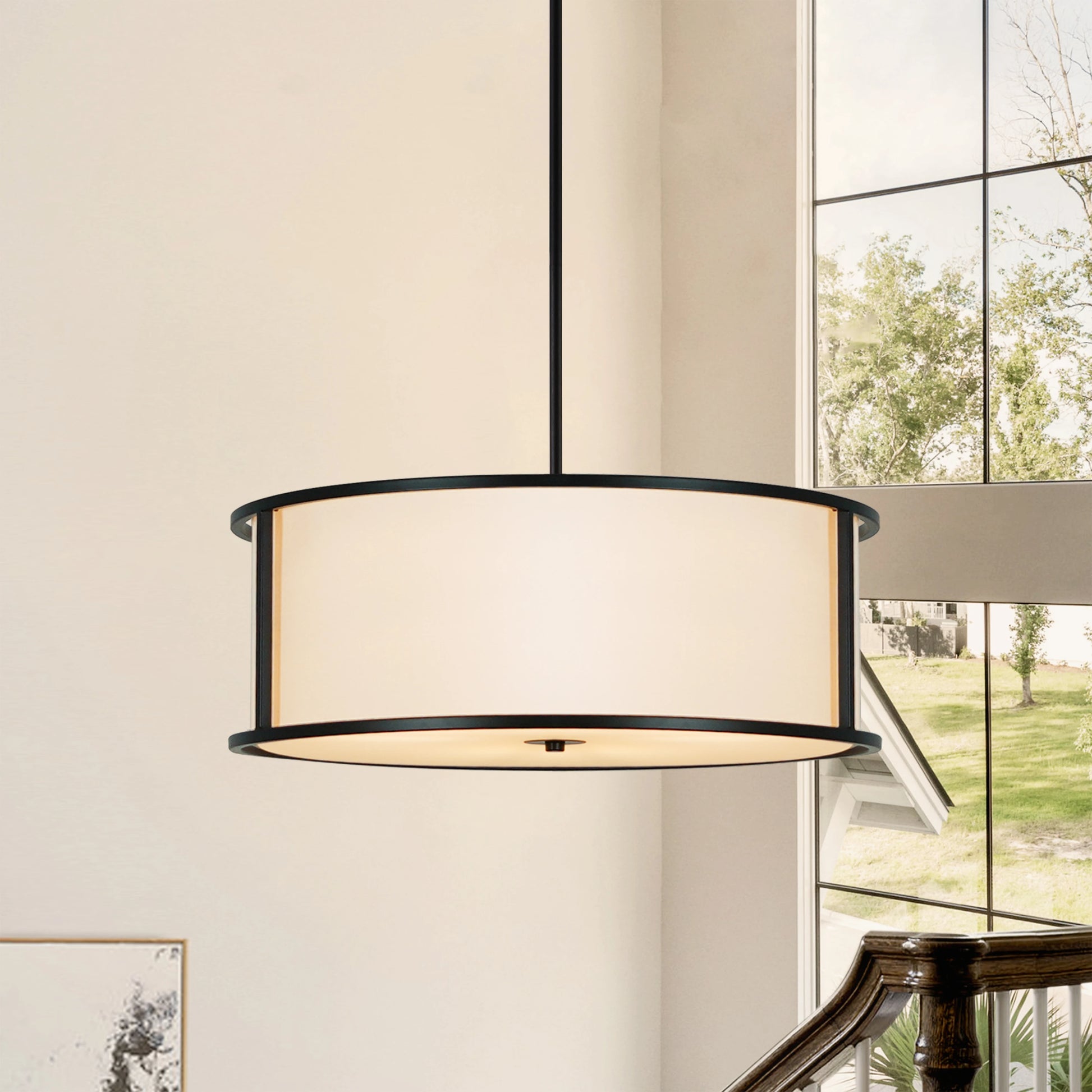 19.6" Black Drum Chandelier 4-Light Dining Room Light Fixtures Drum Light Fixtures Ceiling Hanging Kitchen Chandelier