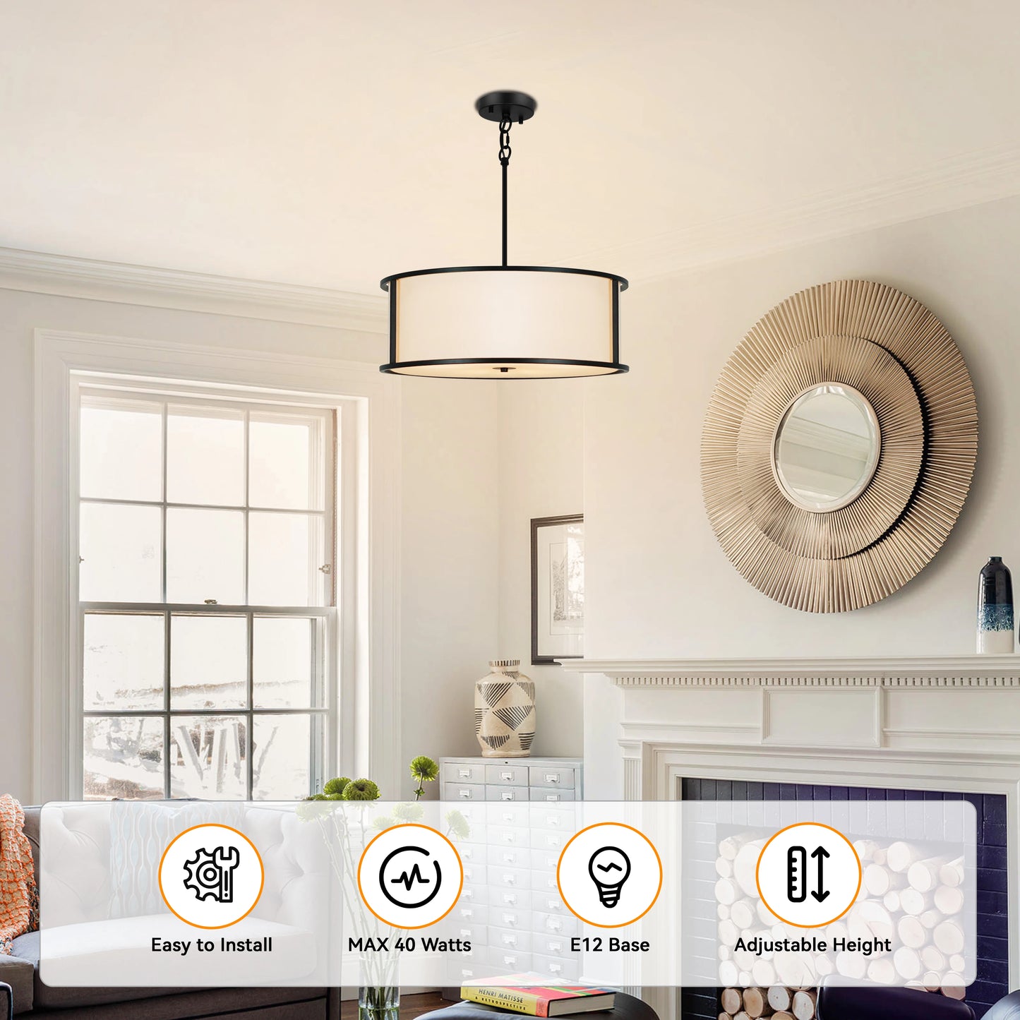 19.6" Black Drum Chandelier 4-Light Dining Room Light Fixtures Drum Light Fixtures Ceiling Hanging Kitchen Chandelier