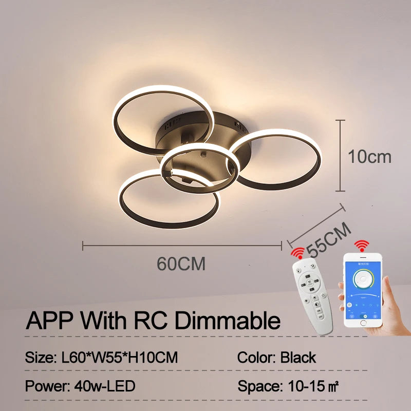 Modern Led Chandelier Lamp RC Dimmable APP Circle Rings for Living Room Bedroom Black/White Ceiling Chandelier Light Fixtures