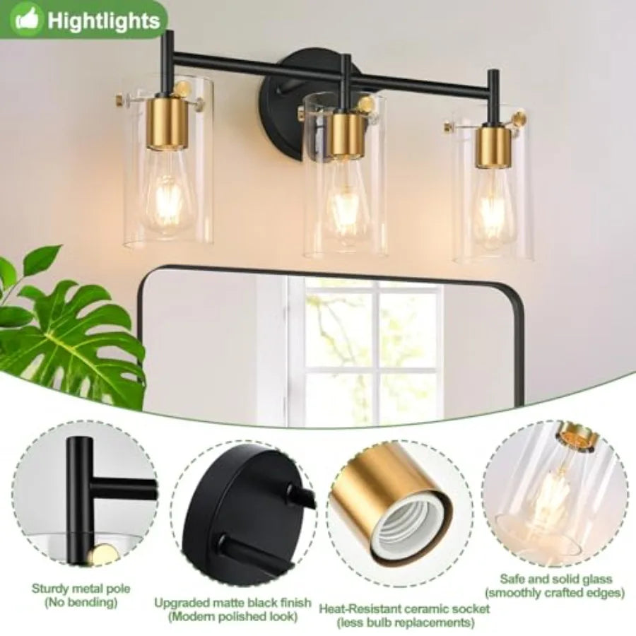 Bathroom Light Fixtures Vanity Light Black Bathroom Lights over Mirror with Clear Glass Shade for Mirror Bedroom Living Room