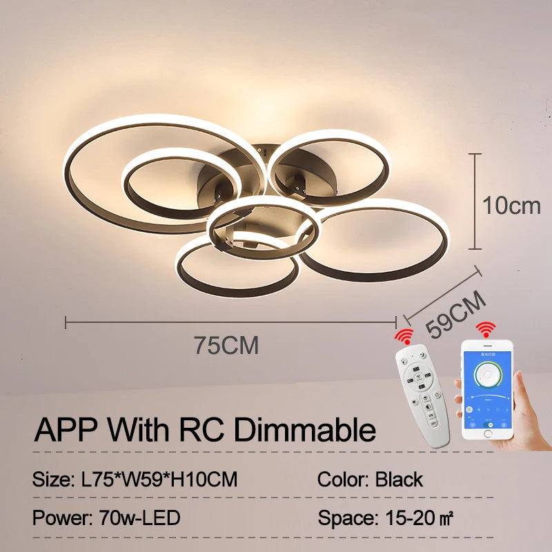 Modern Led Chandelier Lamp RC Dimmable APP Circle Rings for Living Room Bedroom Black/White Ceiling Chandelier Light Fixtures