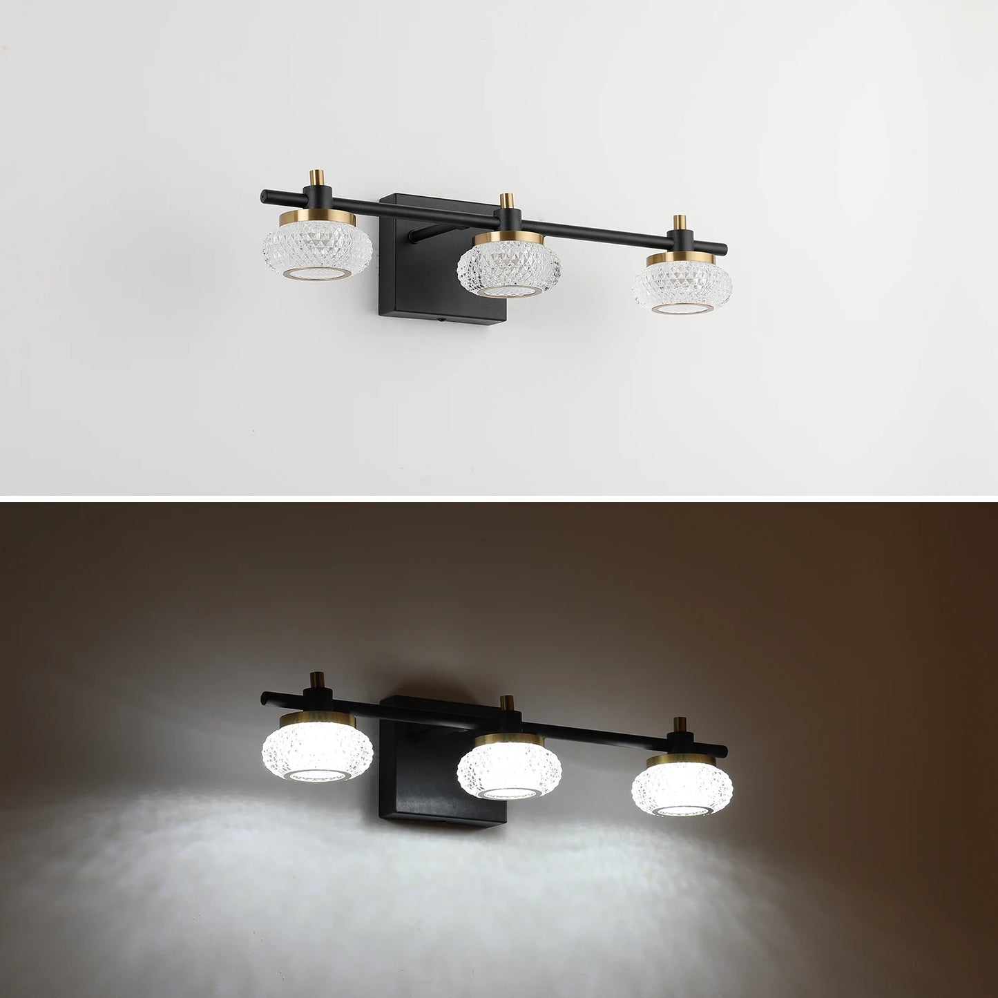 19In 3-Light Black and Gold LED Dimmable Vanity Light Bathroom Wall Light Fixture over Mirror with Clear Acrylic Shade