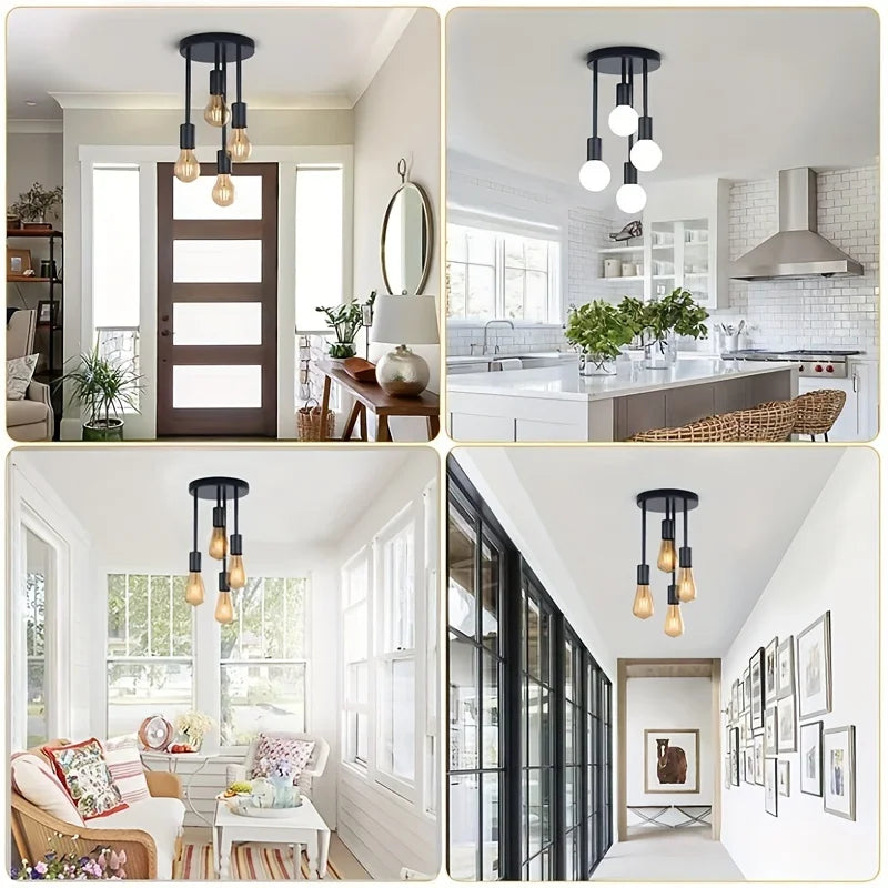 1Pc Black Modern 4 E27 Bulb Base Ceiling Light, Suitable for Bedroom, Kitchen, Hallway, Corridor Chandelier(Without Bulb)