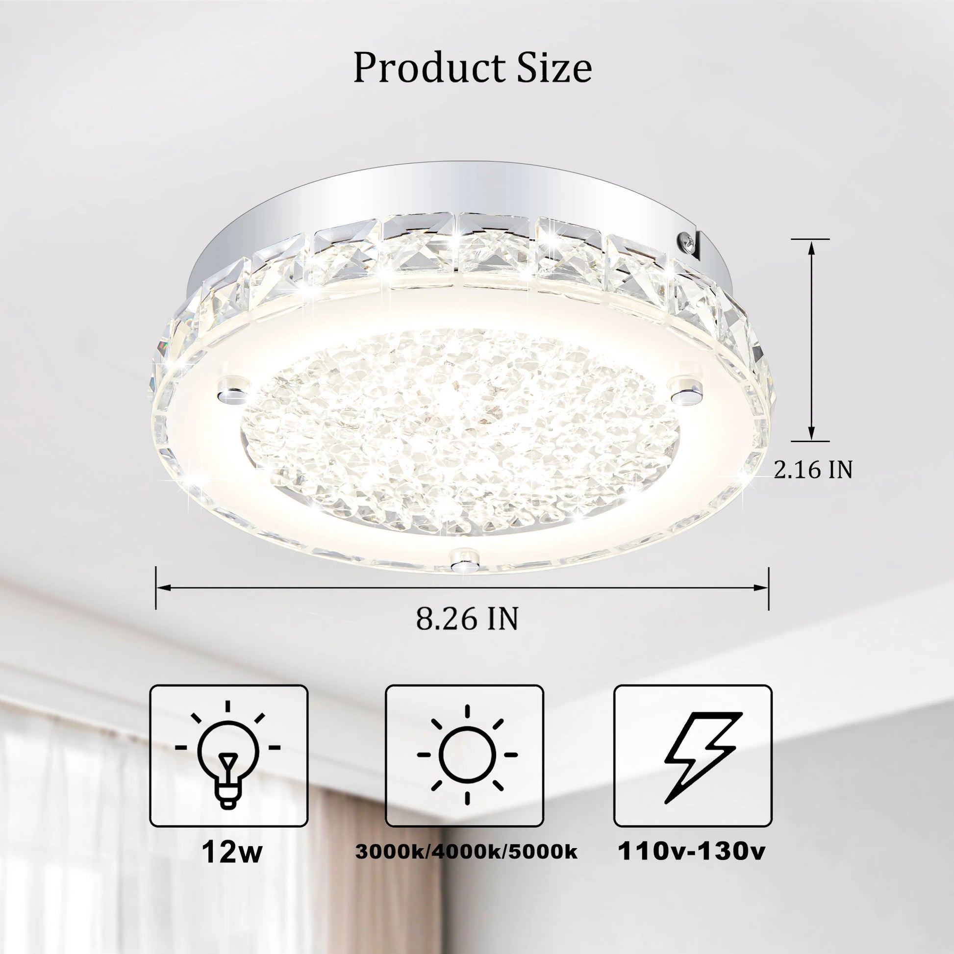 Crystal Ceiling Light Fixture 3000/4000/5000K Flush Mount Crystal Chandelier Kitchen Light Fixture for Bedroom, Bathroom ,Closet