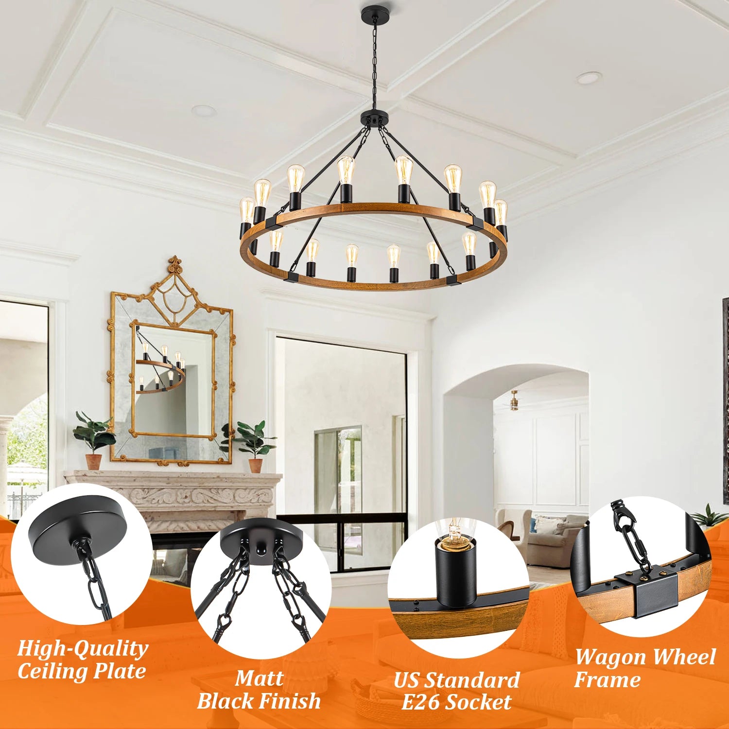 Wood Wagon Wheel Chandelier Farmhouse 16-Light 40’’ Brown, Black Metal Pendant Chandeliers Wooden Vintage Rustic Light Fixtures