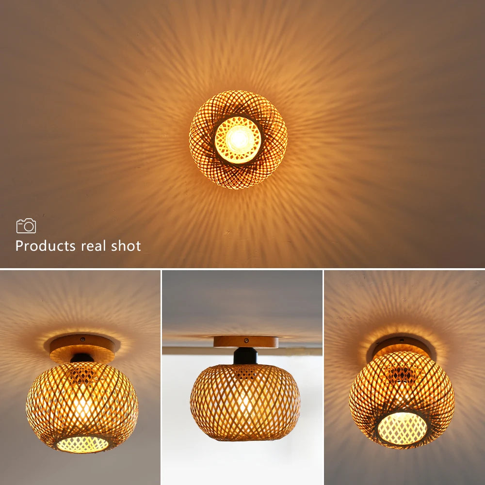 Retro Bamboo Woven Ceiling Light Aisle Restaurant Living Room Dining Room E27 Woven Lamps Home Decorative Fixtures Ceiling Lamp