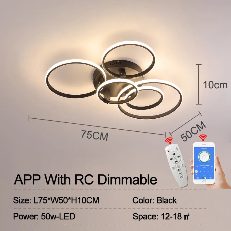 Modern Led Chandelier Lamp RC Dimmable APP Circle Rings for Living Room Bedroom Black/White Ceiling Chandelier Light Fixtures