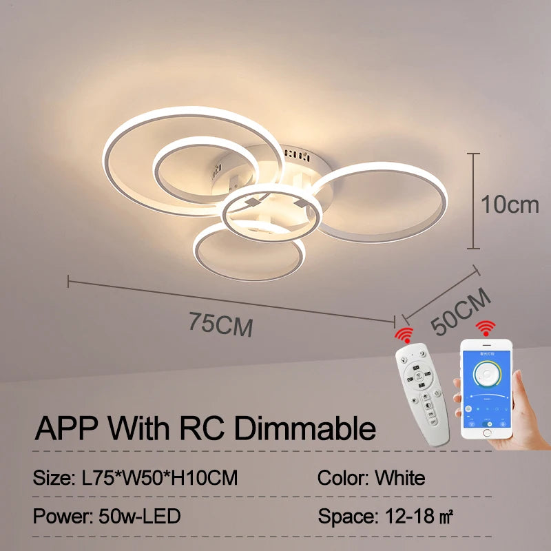 Modern Led Chandelier Lamp RC Dimmable APP Circle Rings for Living Room Bedroom Black/White Ceiling Chandelier Light Fixtures