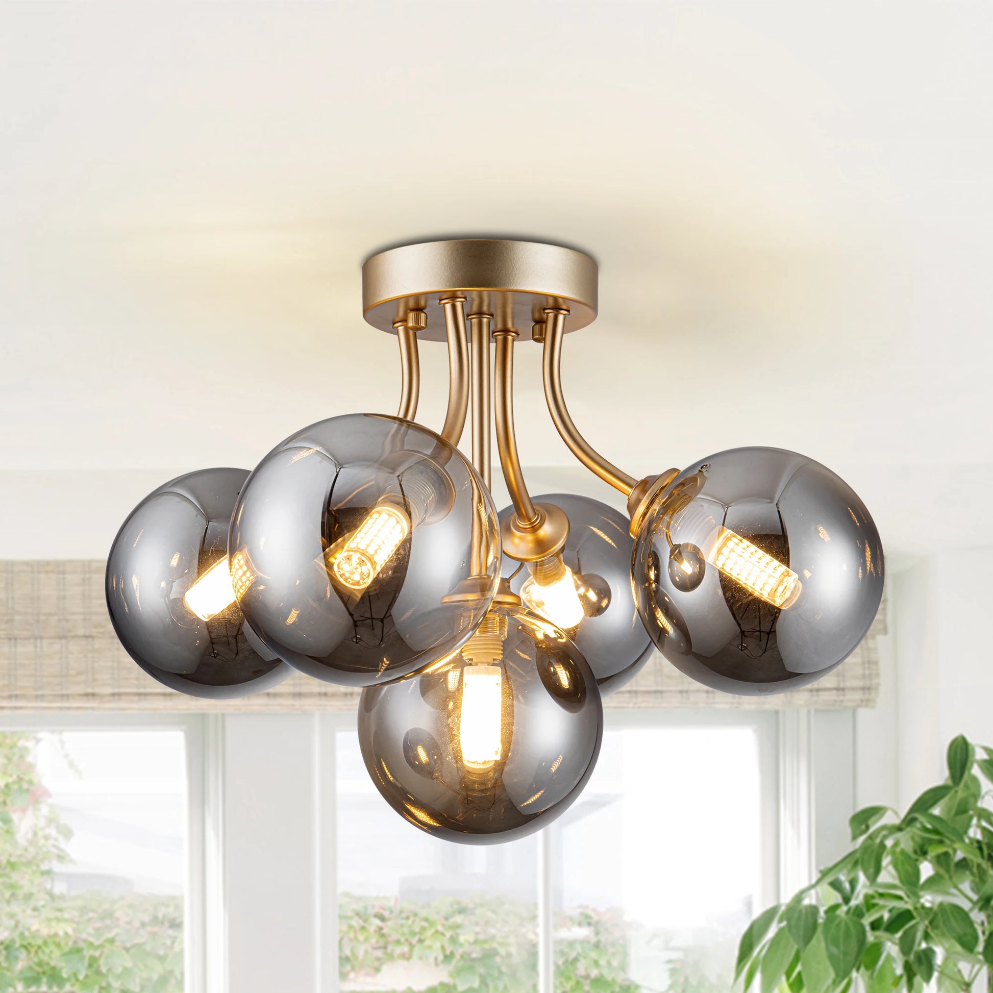 Sputnik Light Fixtures 5-Light Ceiling Light Semi Flush Mount Lighting Black/Gold Light Fixtures Ceiling Mount